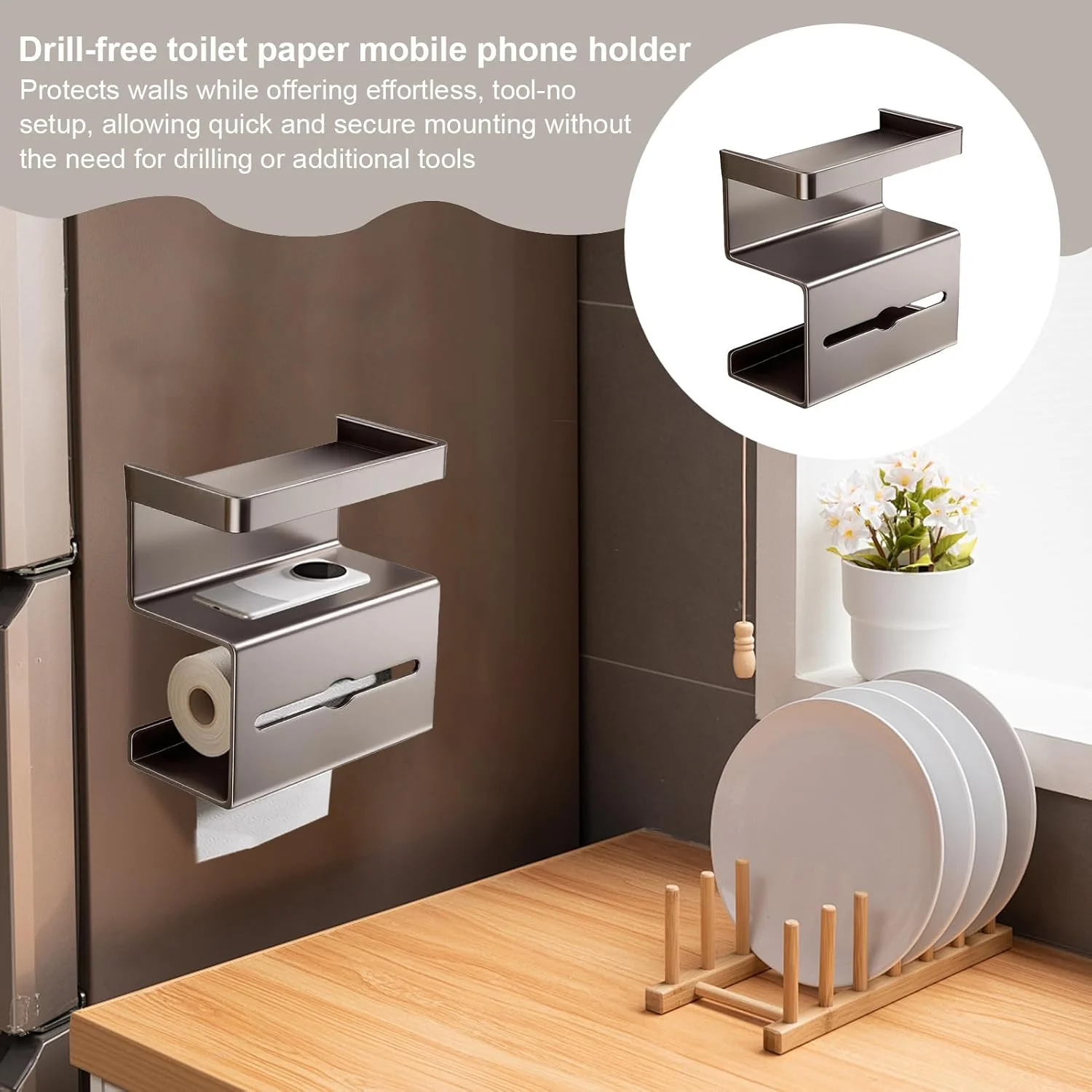 نگهدارنده دستمال توالت با قفسه | استند نگهدارنده دستمال توالت بدون نیاز به سوراخکاری با قفسه - استند سازمان دهنده مدرن و صرفه جویی در فضا برای آپارتمان، خانه، حمام مهمان، اتاق پودر، تجاری