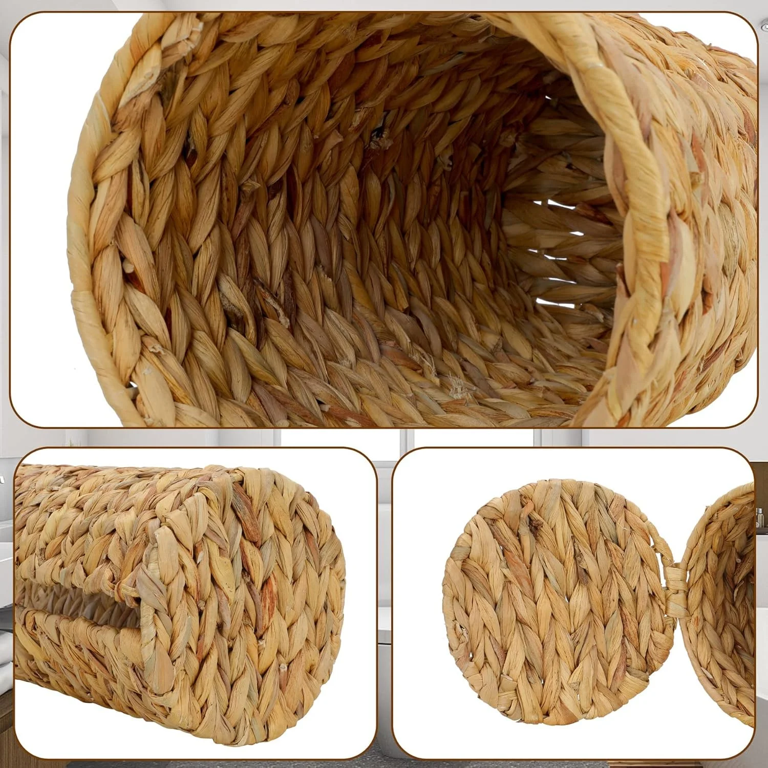 Toilet Paper Storage Basket with Lid – Holds 3 Extra Rolls – Free Standing Water Hyacinth Wicker Organizer for Bathroom