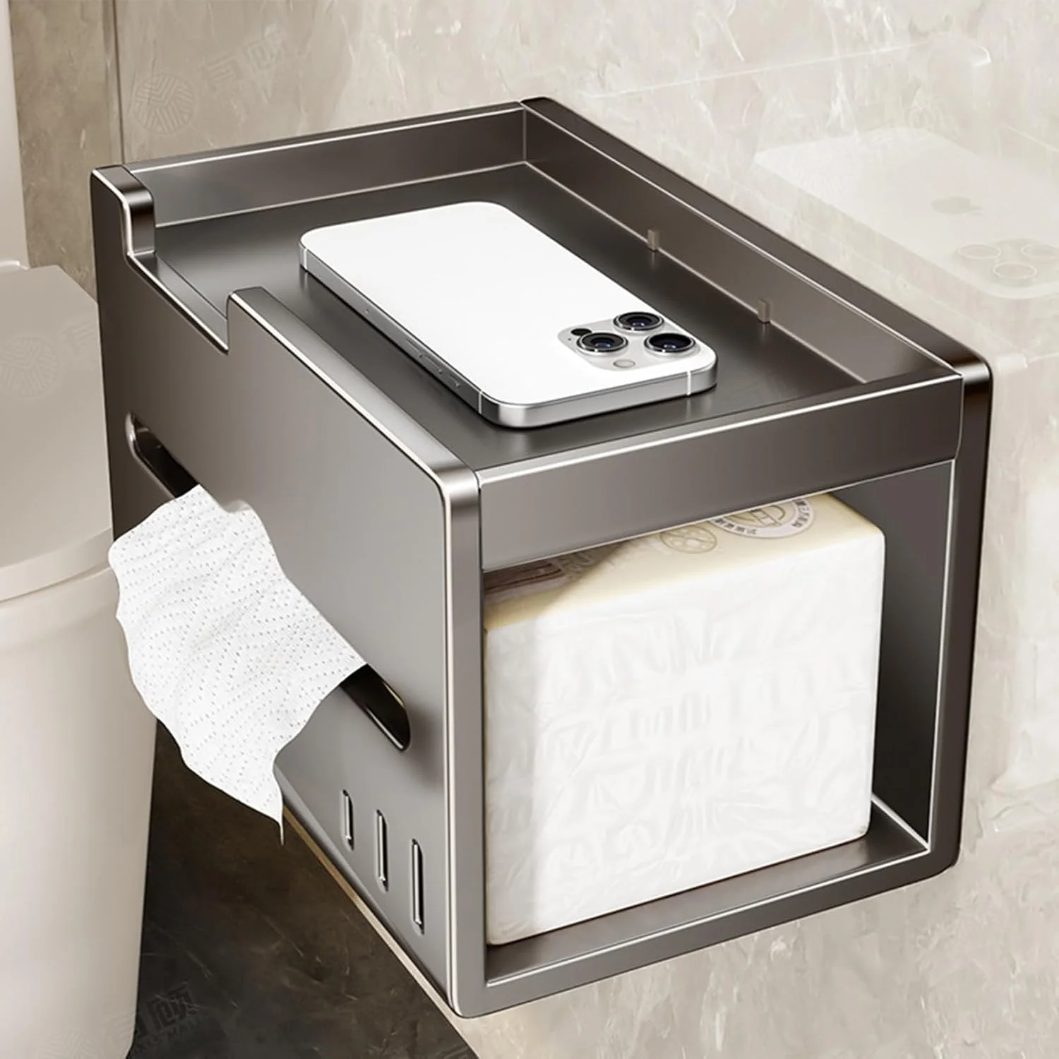 پایه دستمال توالت - جا دستمال کاغذی توالت با قفسه - جا دستمالی آلومینیومی ضد زنگ، سازمان دهنده مدرن برای لوازم جانبی حمام، آشپزخانه و RV