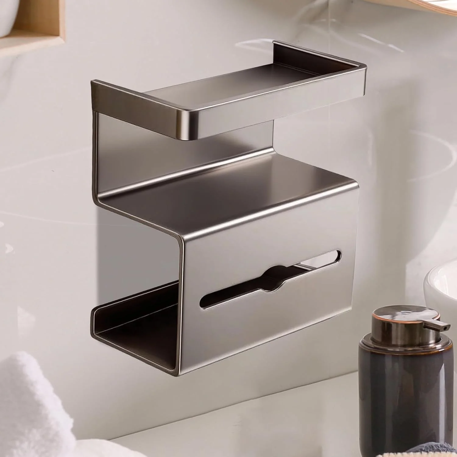 نگهدارنده دستمال توالت با قفسه | پایه نگهدارنده دستمال توالت بدون نیاز به سوراخکاری با قفسه - پایه سازمان دهنده مدرن و صرفه جویی در فضا برای آپارتمان، خانه، حمام مهمان، اتاق پودر، تجاری