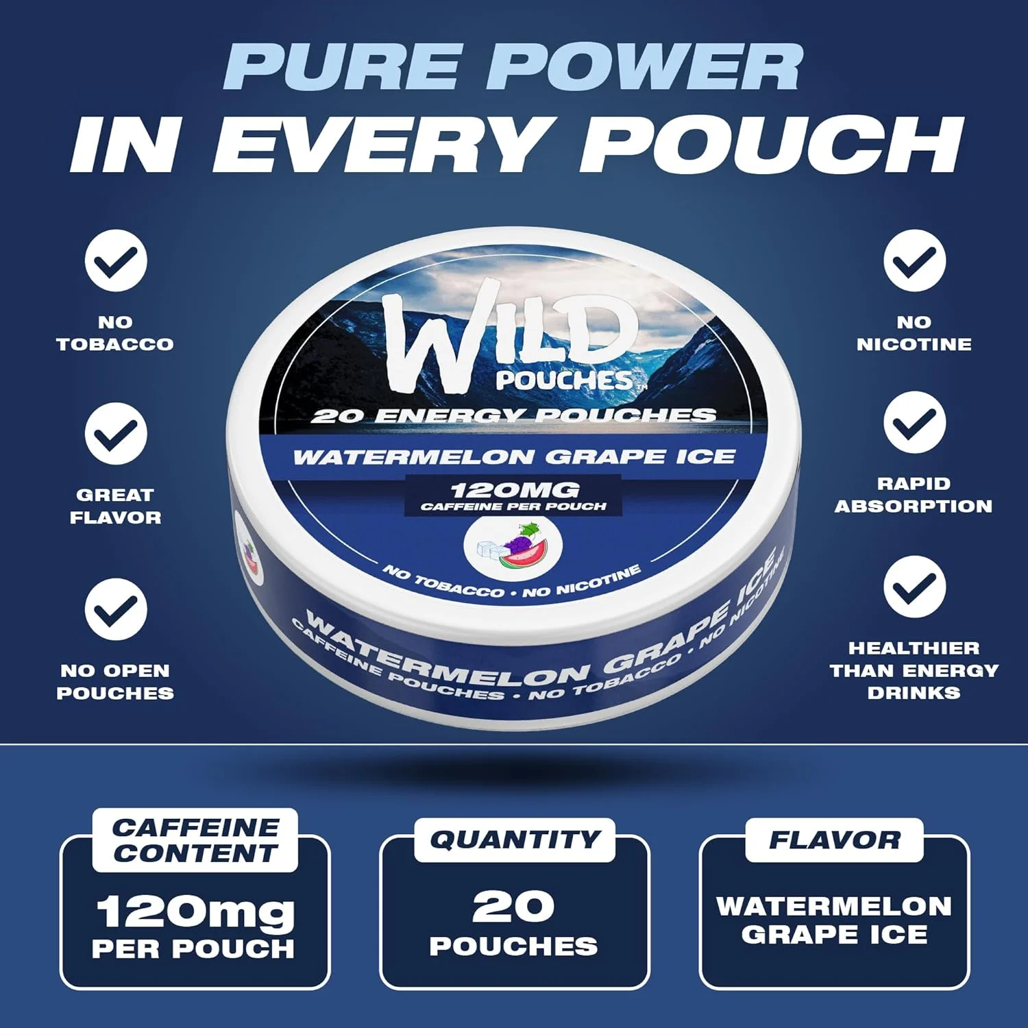 پدهای انرژی زا Wild حاوی کافئین 20 عددی، 120 میلی گرم، بدون نیکوتین، طعم هندوانه انگور یخی - قوطی پدهای انرژی زا - پد کافئین پدهای انرژی زا Wild حاوی کافئین 20 عددی، 120 میلی گرم، بدون نیکوتین، طعم هندوانه انگور یخی - قوطی پدهای انرژی زا - پد کافئین