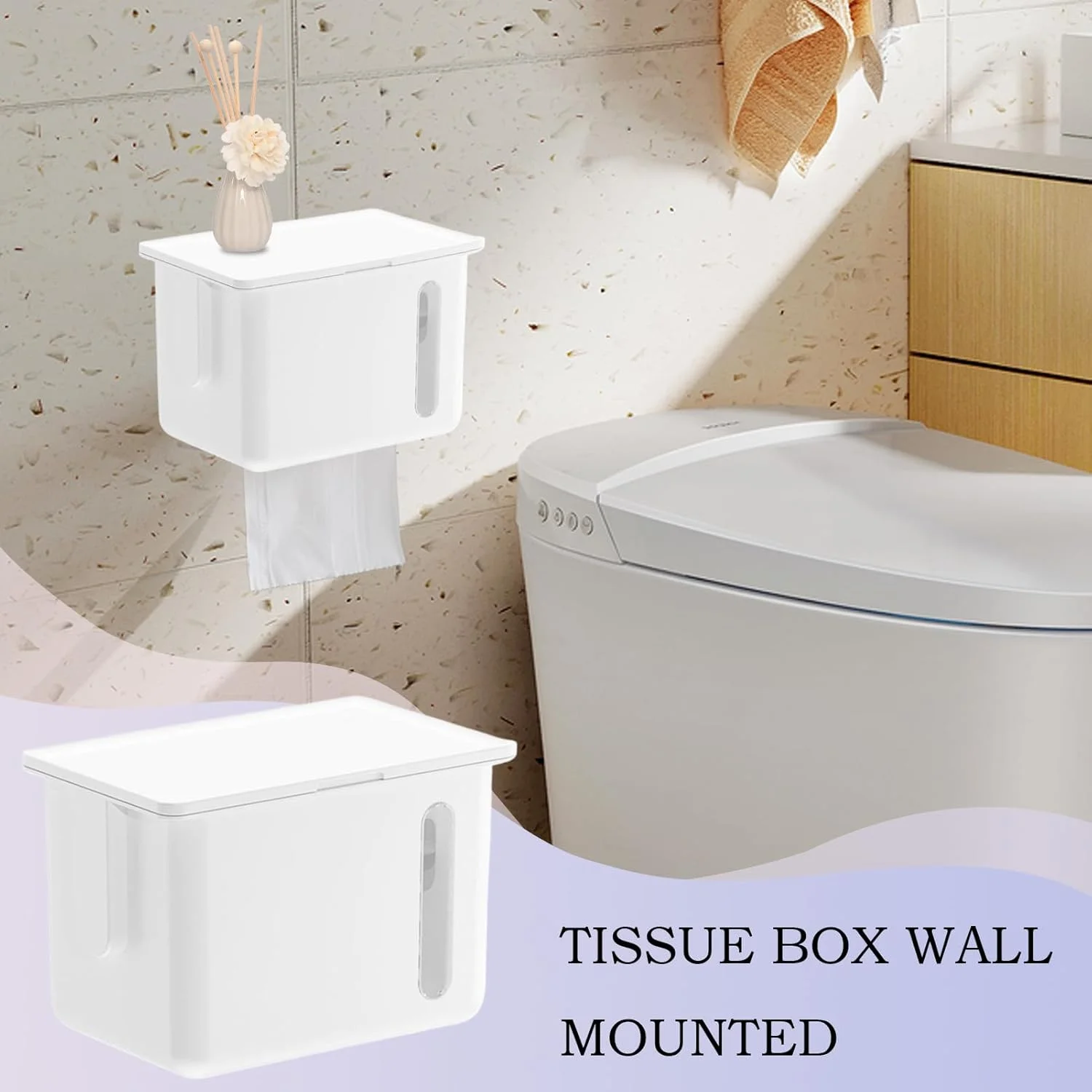 جا دستمال کاغذی توالت - جا دستمال مرطوب دیواری، محفظه نگهداری ضد آب بدون نیاز به سوراخکاری برای آشپزخانه، سرویس بهداشتی، خانه و کاروان