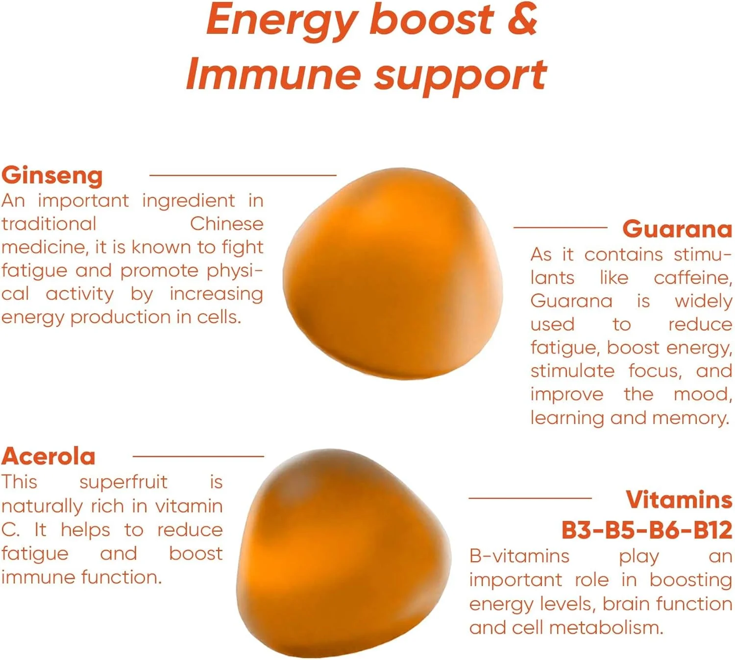 Rite Vitamin Gummies, Boost Energy, Immune Support, Caffeine Free, Ginseng, Guarana, Vegan, Orange Flavour (60 Count, 1 Month)