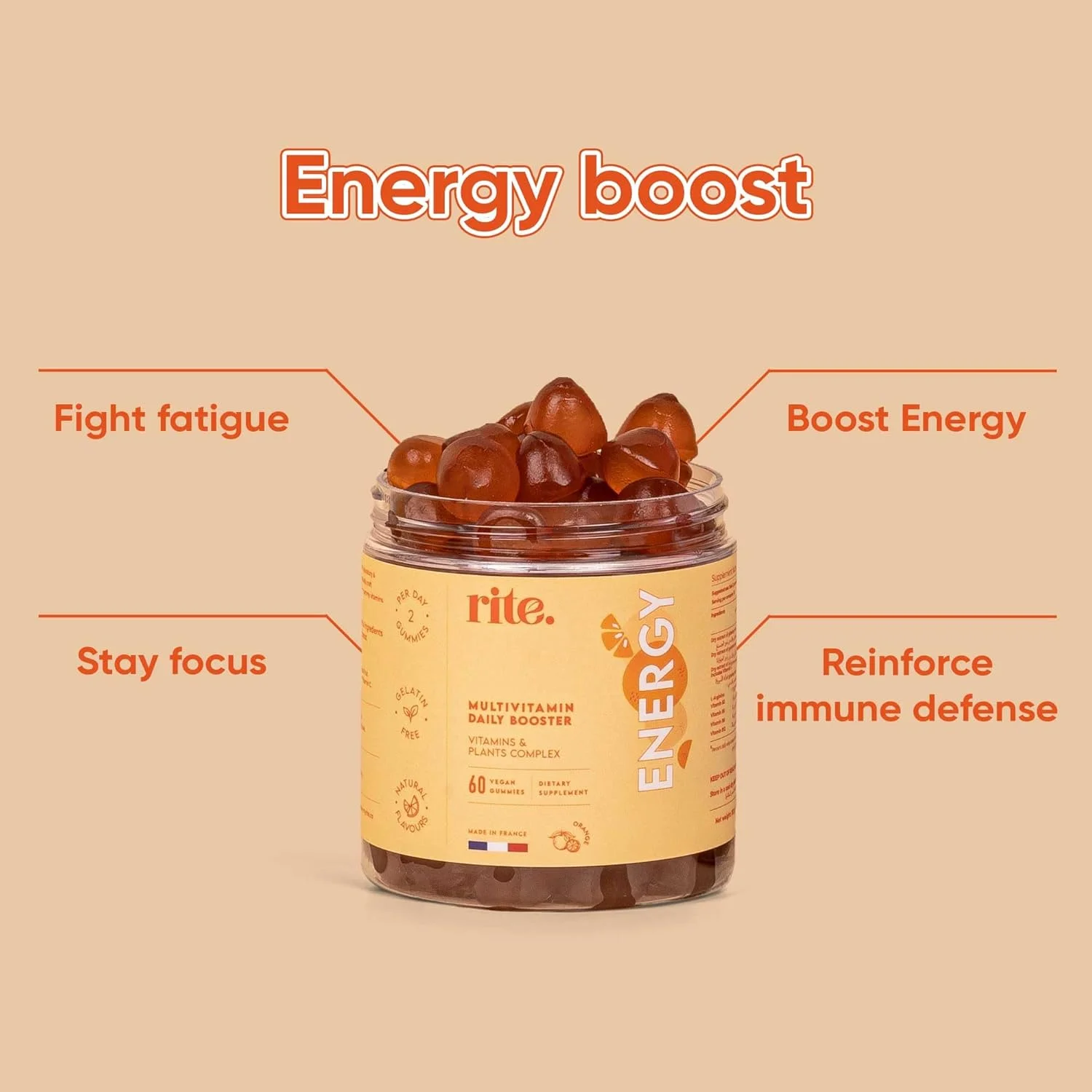 Rite Vitamin Gummies, Boost Energy, Immune Support, Caffeine Free, Ginseng, Guarana, Vegan, Orange Flavour (60 Count, 1 Month)