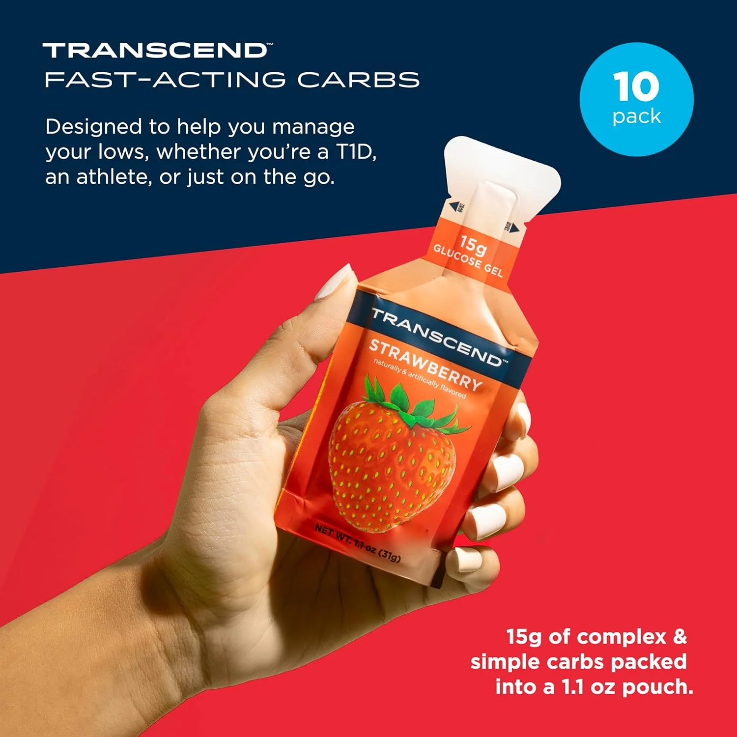 ژل توت فرنگی Transcend Foods (31 گرم، بسته 10 عددی) ژل کربوهیدرات سریع الاثر با طعم توت فرنگی - بدون کافئین، بدون گلوتن