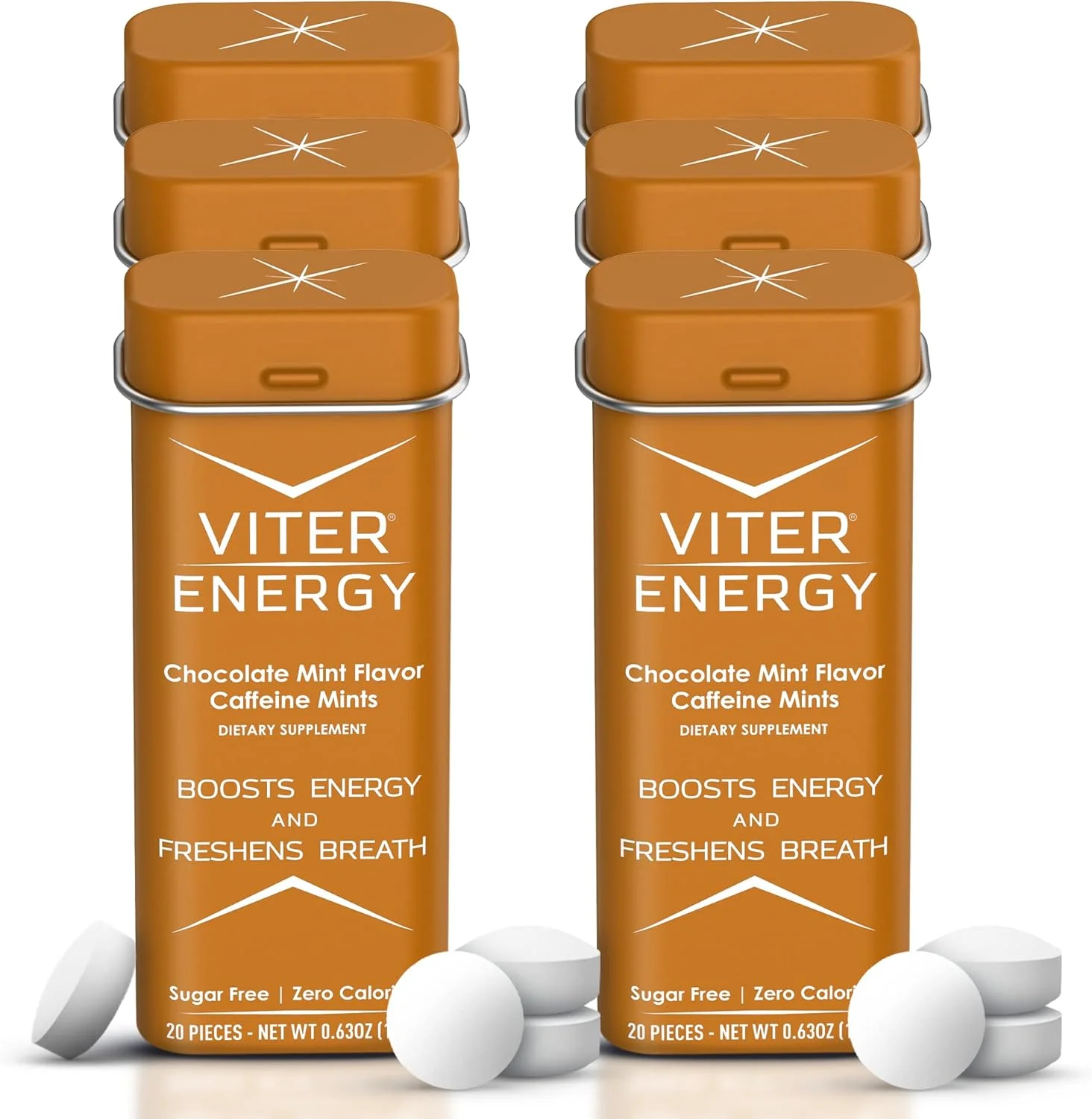 نعناع های انرژی زا کافئین دار Viter Energy - 40 میلی گرم کافئین، ویتامین های B، بدون شکر وگان. تقویت کننده انرژی قدرتمند. 2 نعناع انرژی زا جایگزین 1 قهوه، آدامس، جویدنی، پاستیل، آبنبات (شکلاتی، 6 بسته ای)