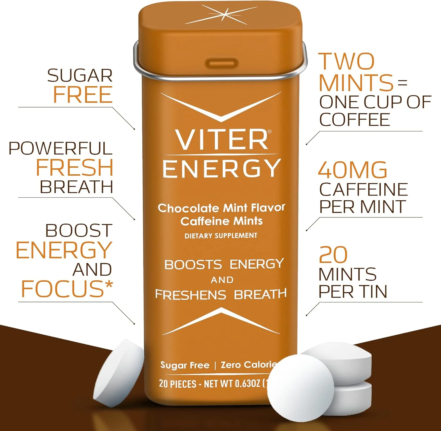 نعناع های انرژی زا کافئین دار Viter Energy - 40 میلی گرم کافئین، ویتامین های B، بدون شکر وگان. تقویت کننده انرژی قدرتمند. 2 نعناع انرژی زا جایگزین 1 قهوه، آدامس، جویدنی، پاستیل، آبنبات (شکلاتی، 6 بسته ای)