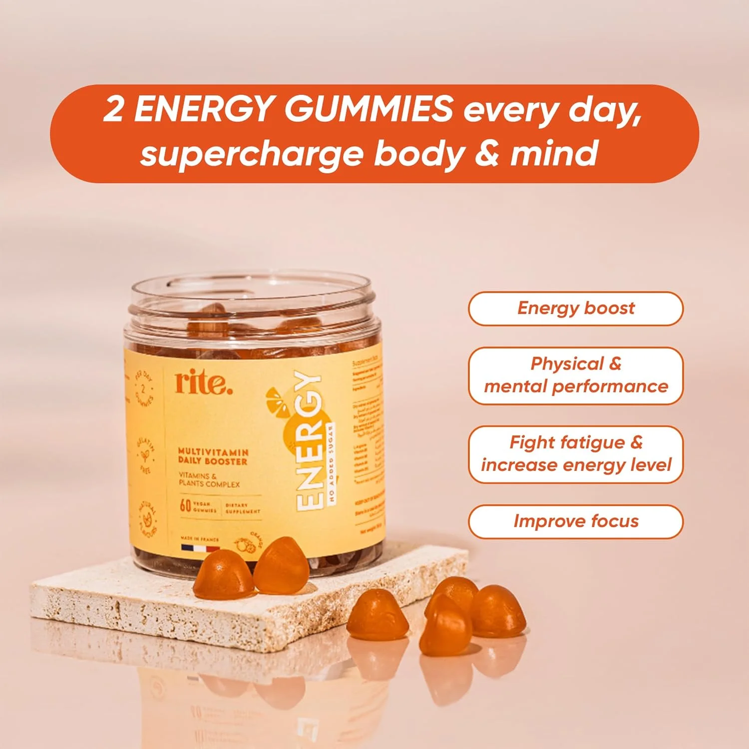 Rite Vitamin Gummies, Boost Energy, Immune Support, Caffeine Free, Ginseng, Guarana, Vegan, Orange Flavour (60 Count, 1 Month)