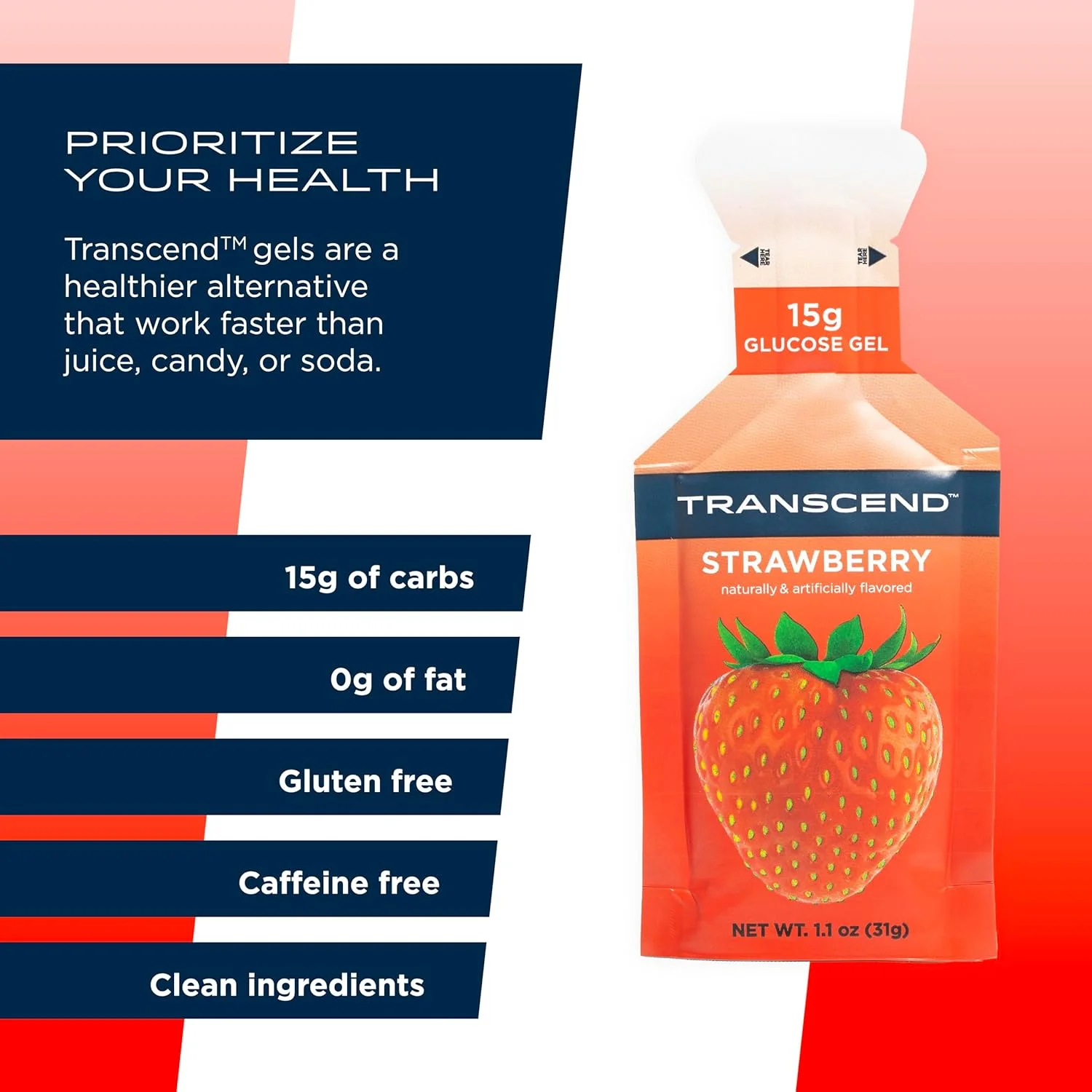 ژل توت فرنگی Transcend Foods (31 گرم، بسته 10 عددی) ژل کربوهیدرات سریع الاثر با طعم توت فرنگی - بدون کافئین، بدون گلوتن