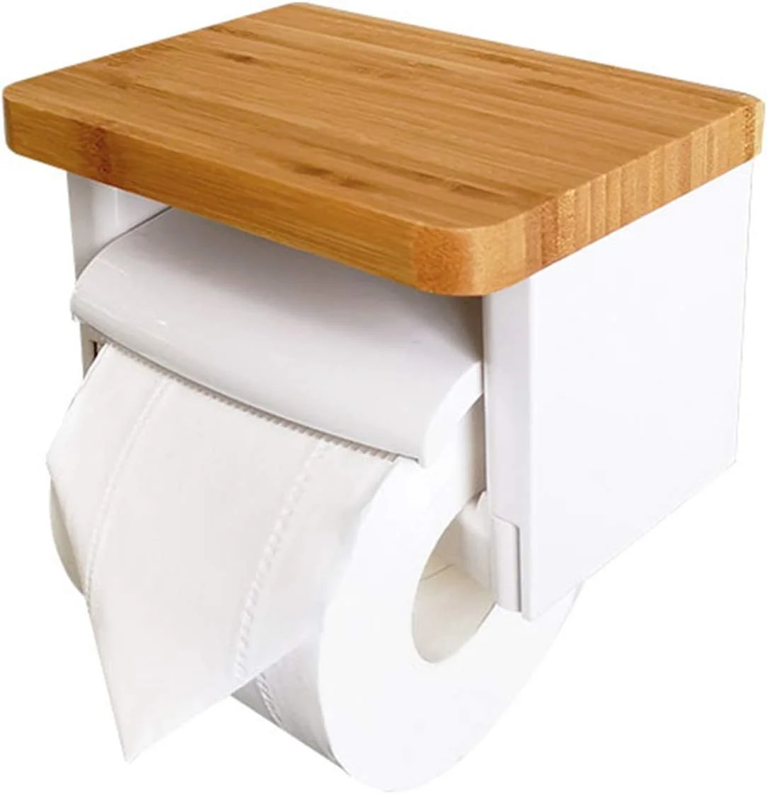 Toilet paper holder LIU- with Serrated Cover Bamboo Top Shelf Wall-mounted Towel Dispenser for Washroom Bathroom,Punch-free