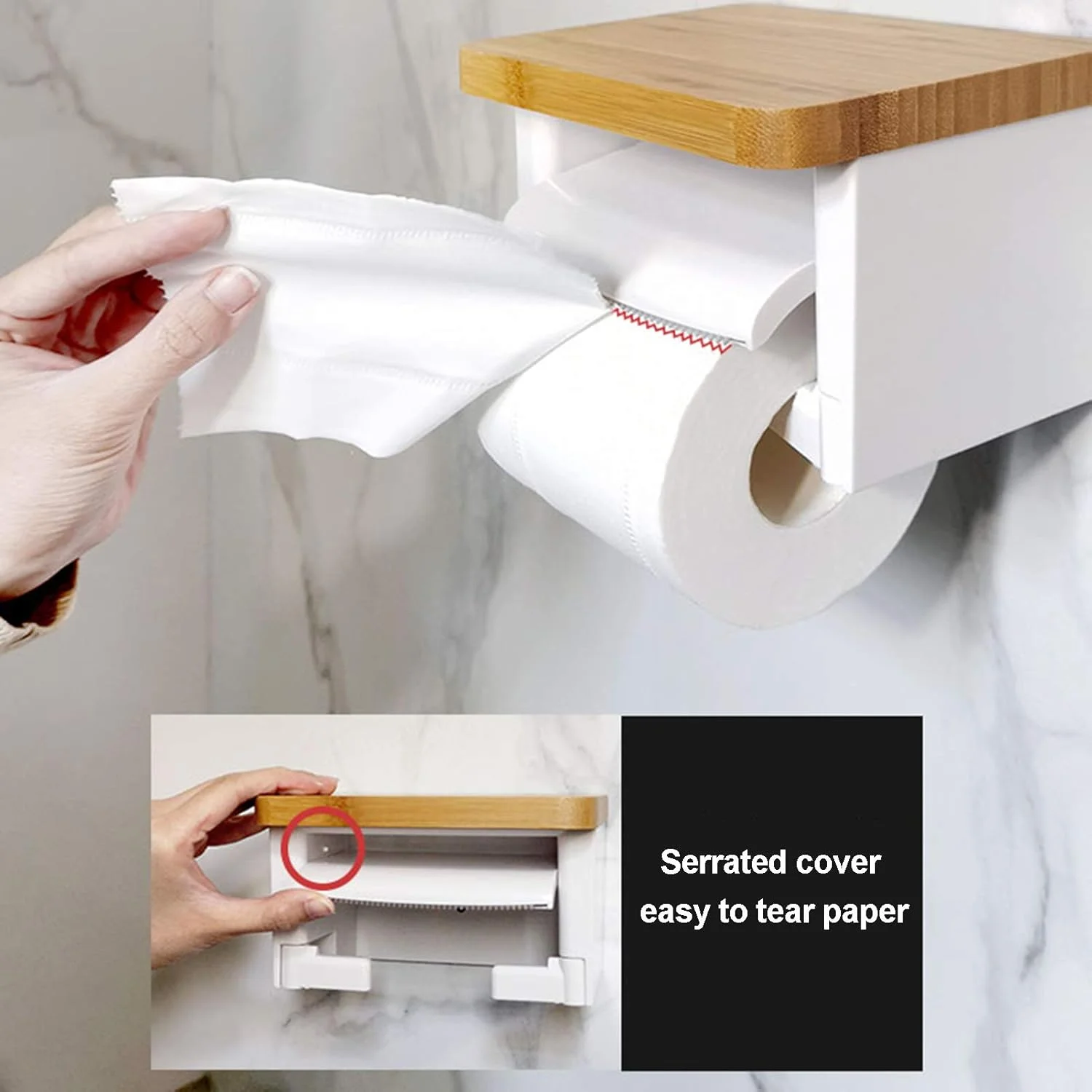 Toilet paper holder LIU- with Serrated Cover Bamboo Top Shelf Wall-mounted Towel Dispenser for Washroom Bathroom,Punch-free