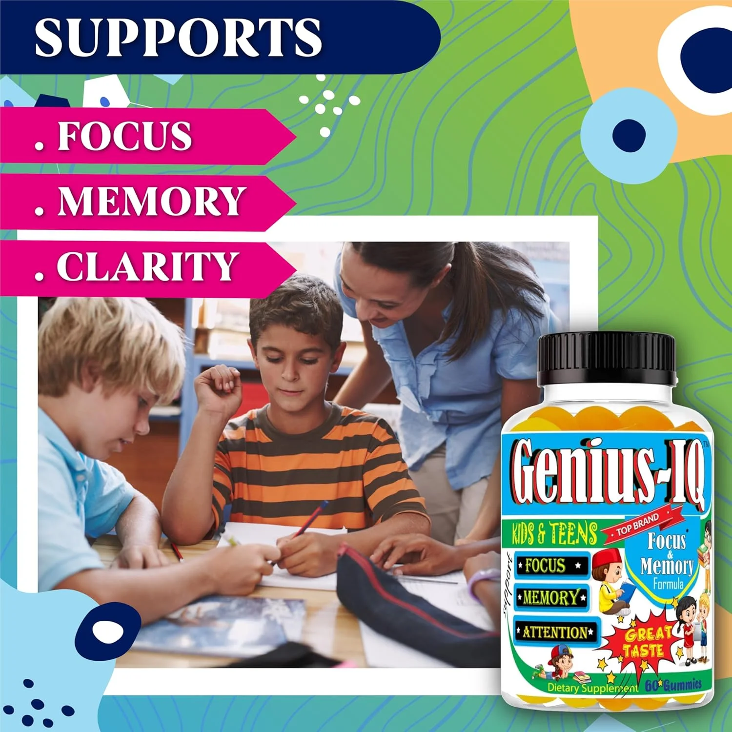 مکمل های تقویت حافظه و تمرکز کودکان Genius IQ، امگا 3-6-9، ویتامین های پاستیلی EPA DHA، تقویت کننده مغز، پاستیل های آرامش بخش، پشتیبانی از تمرکز، وضوح، توجه و خلق و خو 60 عدد