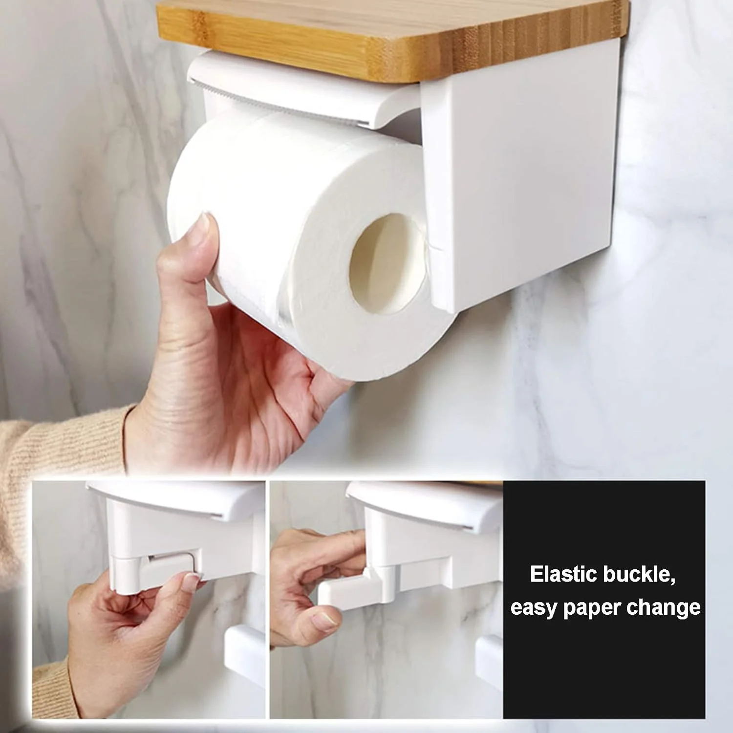 Toilet paper holder LIU- with Serrated Cover Bamboo Top Shelf Wall-mounted Towel Dispenser for Washroom Bathroom,Punch-free