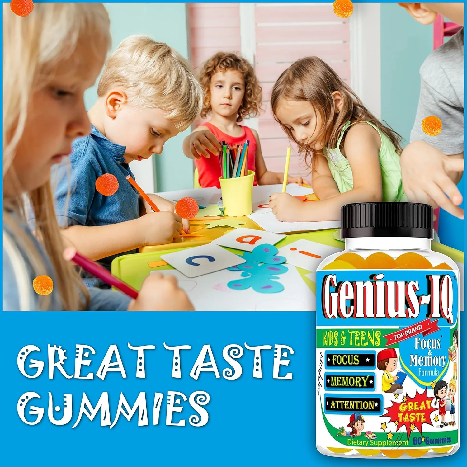 مکمل های تقویت حافظه و تمرکز کودکان Genius IQ، امگا 3-6-9، ویتامین های پاستیلی EPA DHA، تقویت کننده مغز، پاستیل های آرامش بخش، پشتیبانی از تمرکز، وضوح، توجه و خلق و خو 60 عدد
