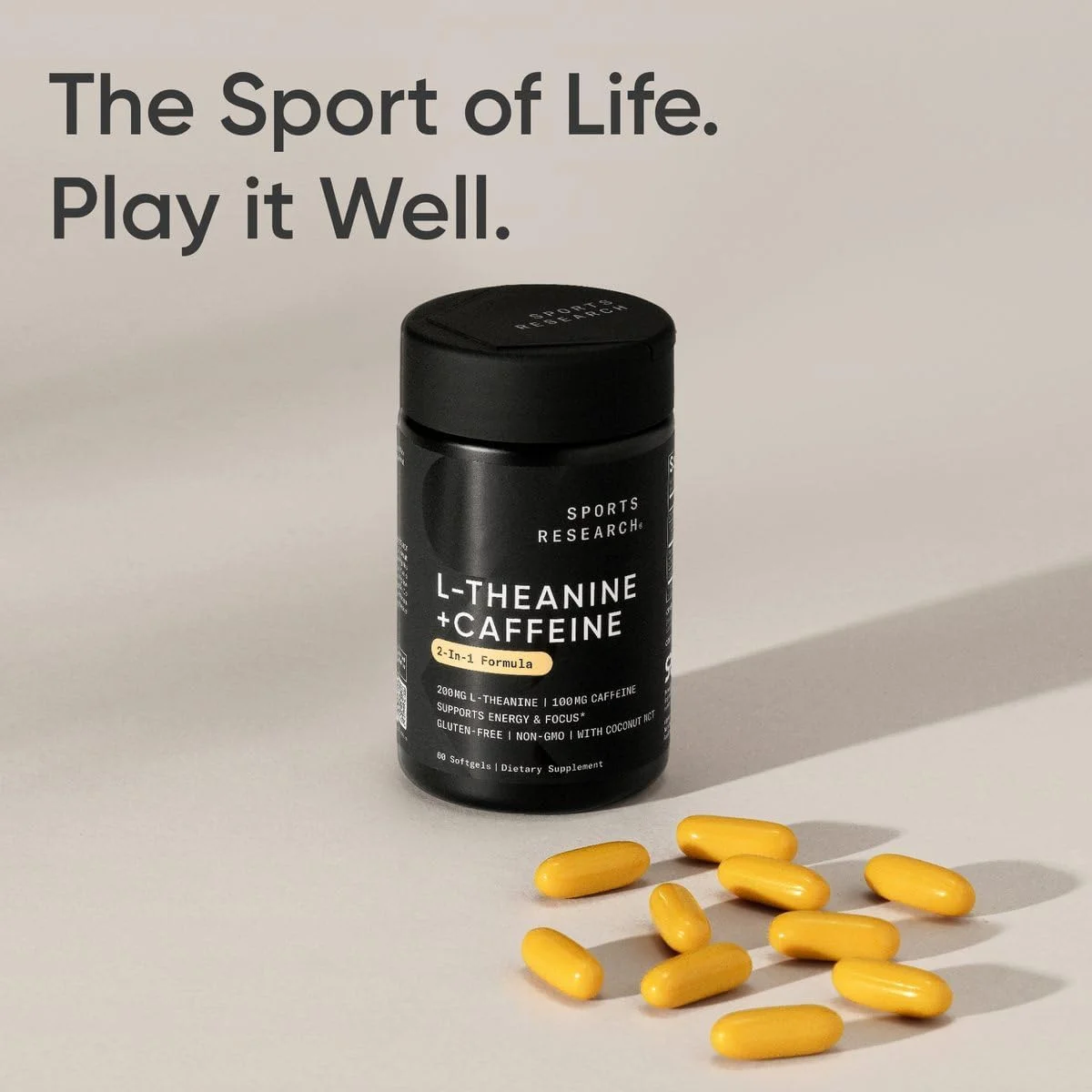 Sports Research, ال-تیانین 200 میلی گرم و کافئین 100 میلی گرم، با روغن MCT 500 میلی گرم، انرژی متمرکز، تایید شده برای کتو + پالئو، 60 سافت ژل