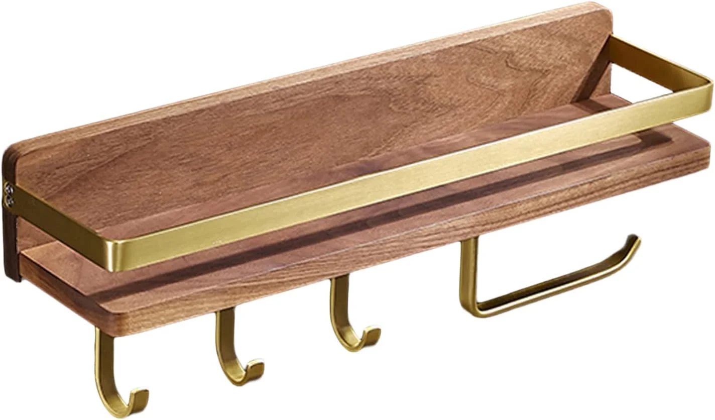 جا دستمال کاغذی مدل LIU - قفسه دیواری با قلاب، جنس چوب گردو، مناسب برای حمام، آشپزخانه و سرویس بهداشتی منزل