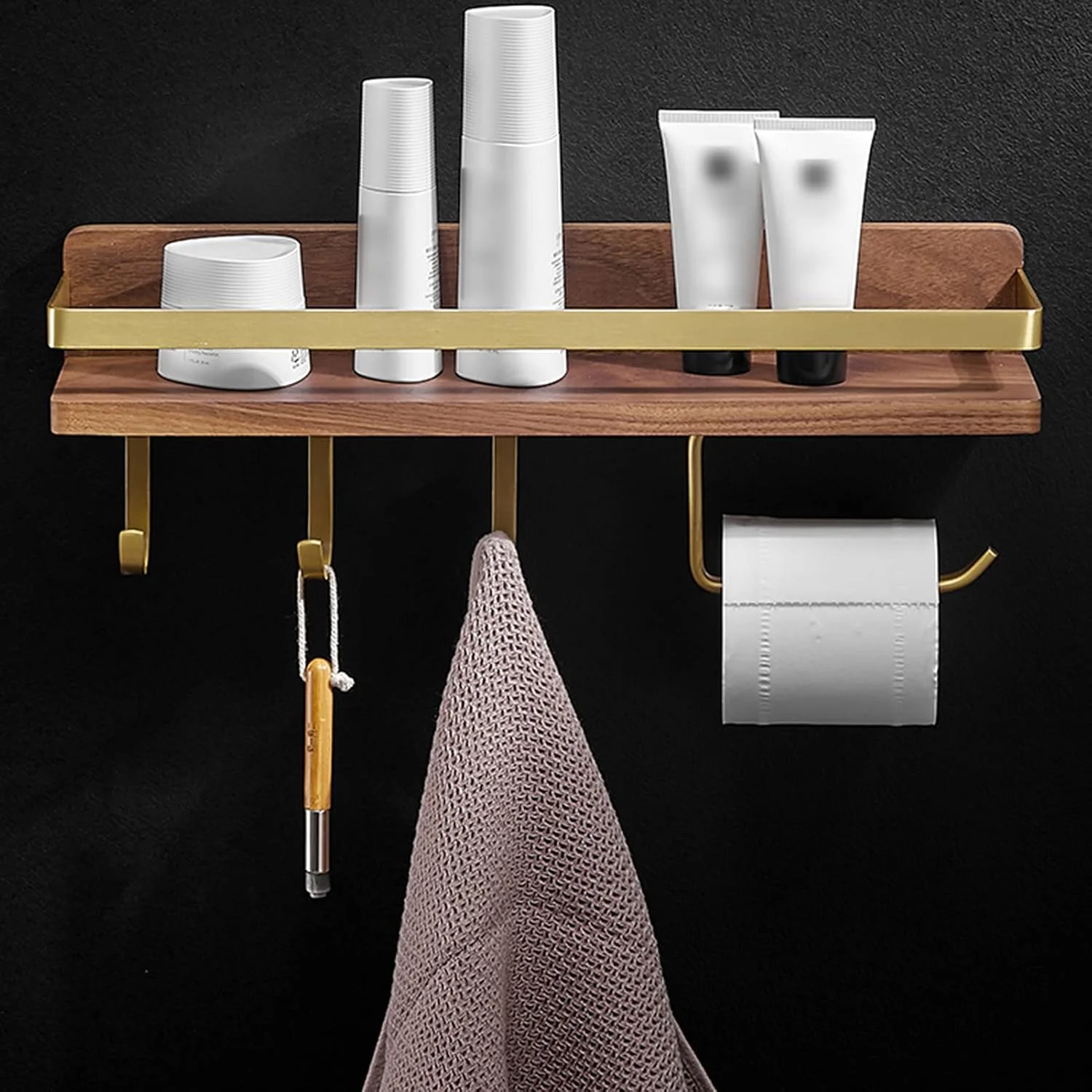 جا دستمال کاغذی مدل LIU - قفسه دیواری با قلاب، جنس چوب گردو، مناسب برای حمام، آشپزخانه و سرویس بهداشتی منزل