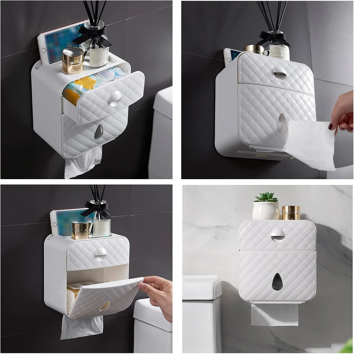 Toilet paper holder LIU- Box Wall-mounted Tissue Dispenser Bathroom Multifunction Storage Box with Drawer - Free Punch(Color:White)
