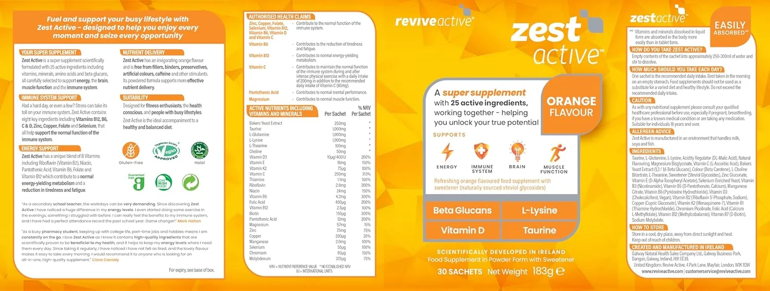 مکمل فوق العاده Revive Active Zest - حاوی 25 ماده در یک ساشه روزانه - تقویت روزانه انرژی، سیستم ایمنی، عملکرد مغز و عضلات - بسته 30 عددی