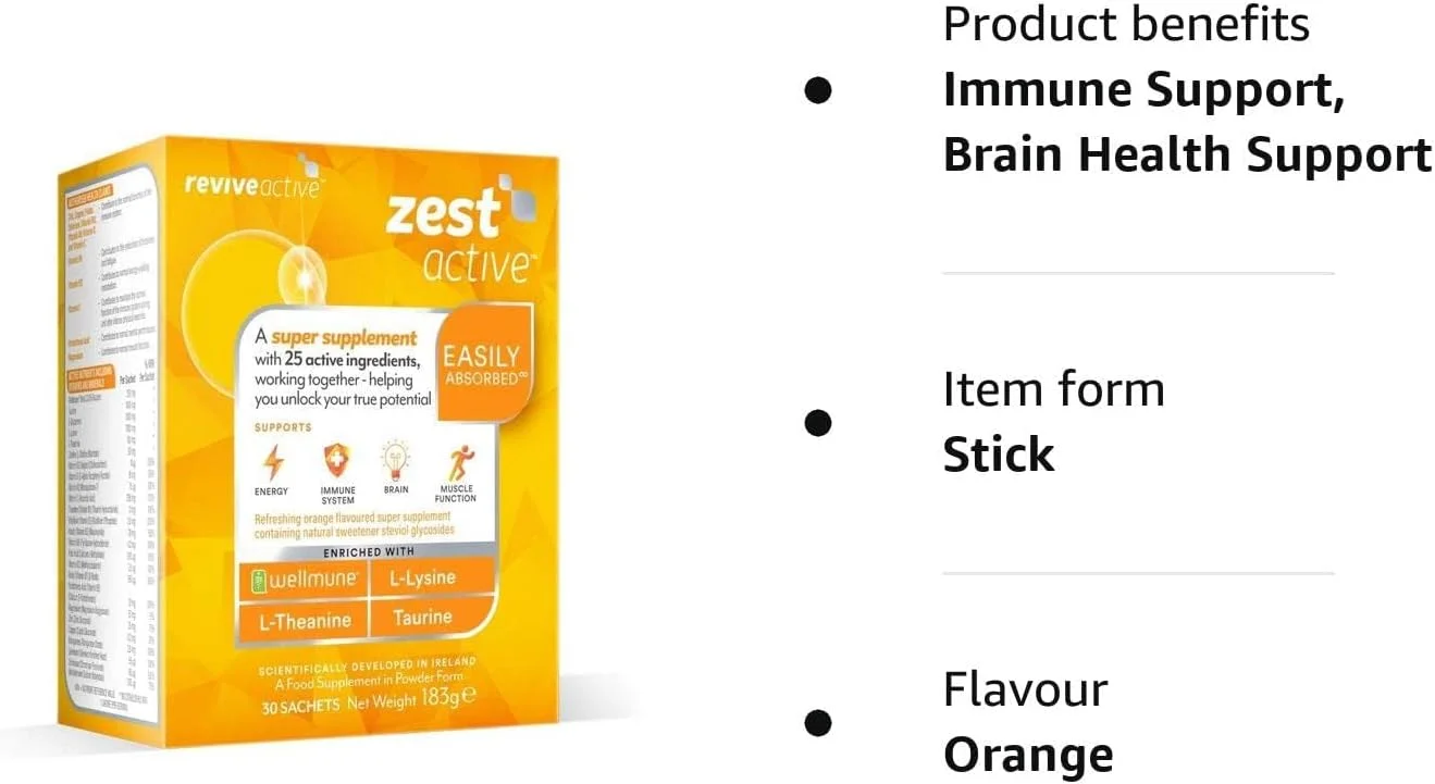 مکمل فوق العاده Revive Active Zest - حاوی 25 ماده در یک ساشه روزانه - تقویت روزانه انرژی، سیستم ایمنی، عملکرد مغز و عضلات - بسته 30 عددی