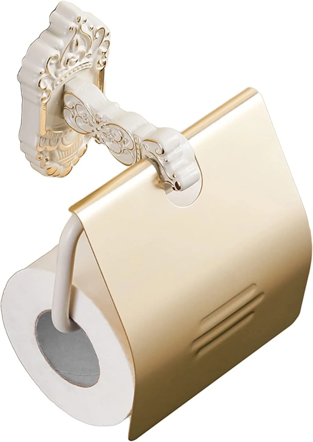 جا دستمال کاغذی توالت LIU- با پوشش، نصب دیواری، پخش کننده رول، پایه حکاکی شده طرح رترو برای سرویس بهداشتی، سفید طلایی
