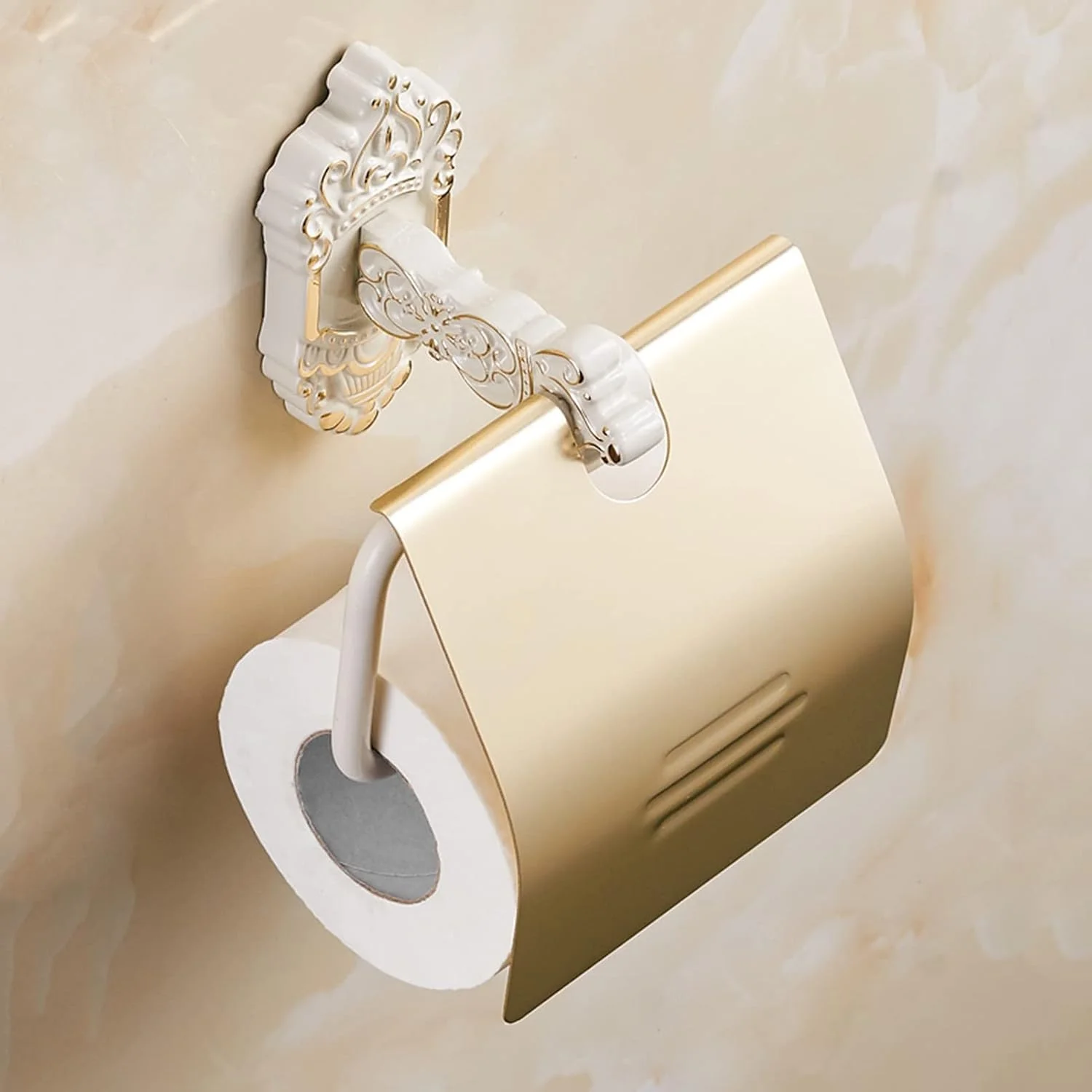جا دستمال کاغذی توالت LIU- با پوشش، نصب دیواری، پخش کننده رول، پایه حکاکی شده طرح رترو برای سرویس بهداشتی، سفید طلایی