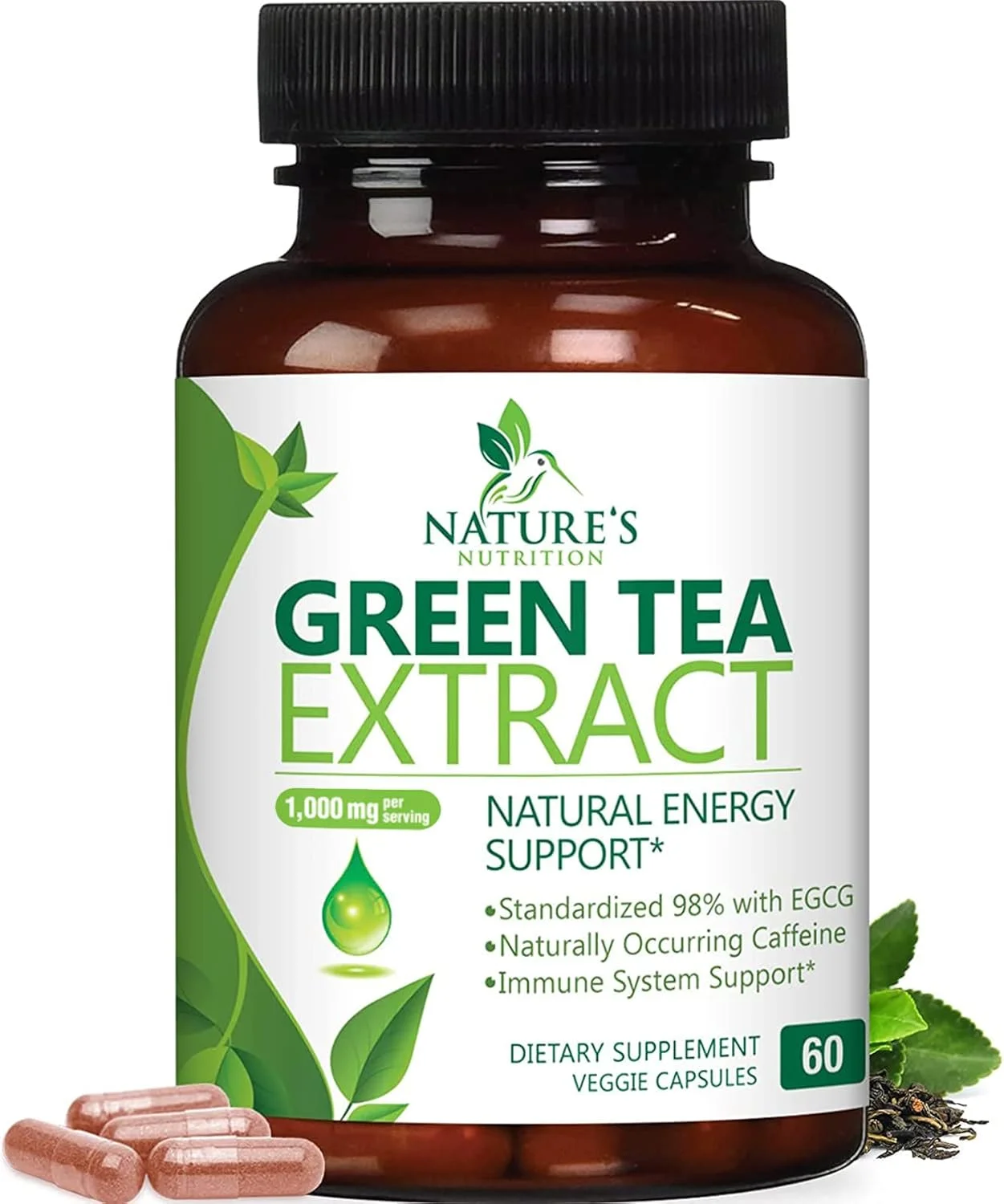 کپسول عصاره چای سبز Nature's Nutrition با 1000 میلی گرم EGCG استاندارد شده 98% - 3 برابر قدرت برای انرژی طبیعی - پشتیبانی از قلب با پلی فنول ها - کافئین ملایم - 60 کپسول کپسول عصاره چای سبز Nature's Nutrition با 1000 میلی گرم EGCG استاندارد شده 98% - 3 برابر قدرت برای انرژی طبیعی - پشتیبانی از قلب با پلی فنول ها - کافئین ملایم - 60 کپسول