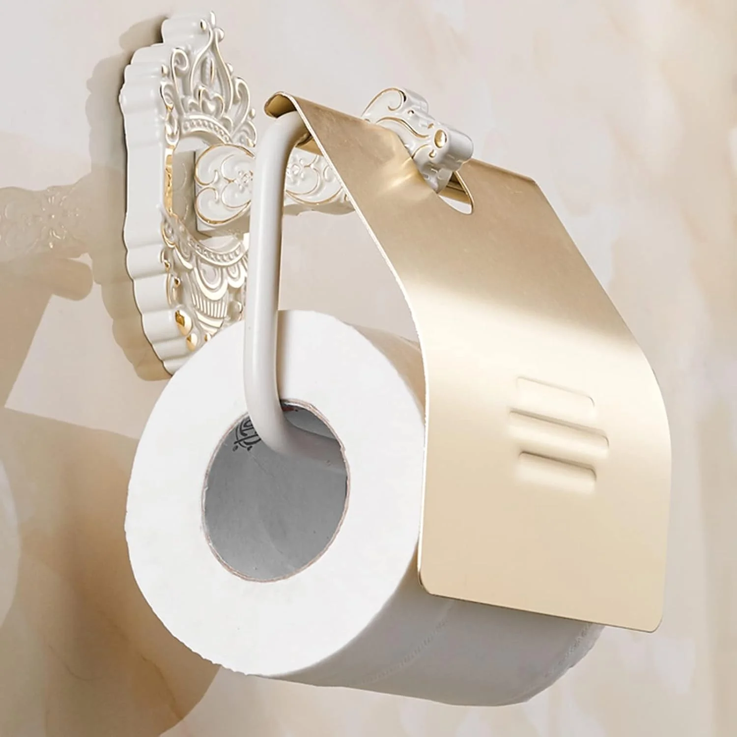 جا دستمال کاغذی توالت LIU- با پوشش، نصب دیواری، پخش کننده رول، پایه حکاکی شده طرح رترو برای سرویس بهداشتی، سفید طلایی