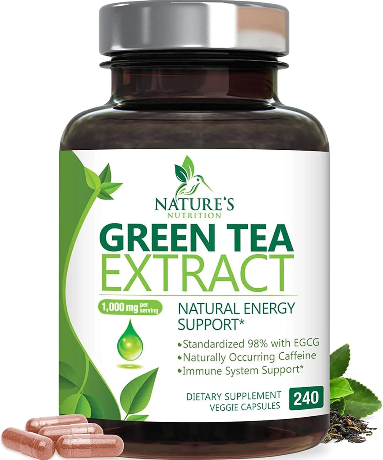 کپسول های عصاره چای سبز Nature's Nutrition، 1000 میلی گرم، استاندارد شده 98% EGCG - 3 برابر قدرت برای انرژی طبیعی - پشتیبانی از قلب با پلی فنول ها - کافئین ملایم - 240 کپسول کپسول های عصاره چای سبز Nature's Nutrition، 1000 میلی گرم، استاندارد شده 98% EGCG - 3 برابر قدرت برای انرژی طبیعی - پشتیبانی از قلب با پلی فنول ها - کافئین ملایم - 240 کپسول