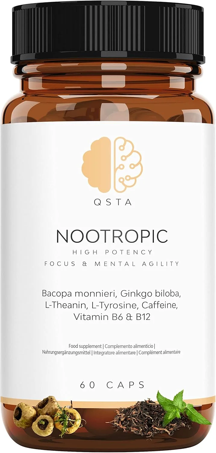 تقویت کننده شناختی روزانه بسیار قوی Nootropic Focus برای افزایش انرژی، تمرکز، عملکرد مغز، هوشیاری ذهنی و حافظه، حاوی باکوپا مونیری، جینکگو، تیروزین، تیانین، کافئین، B6 و B12