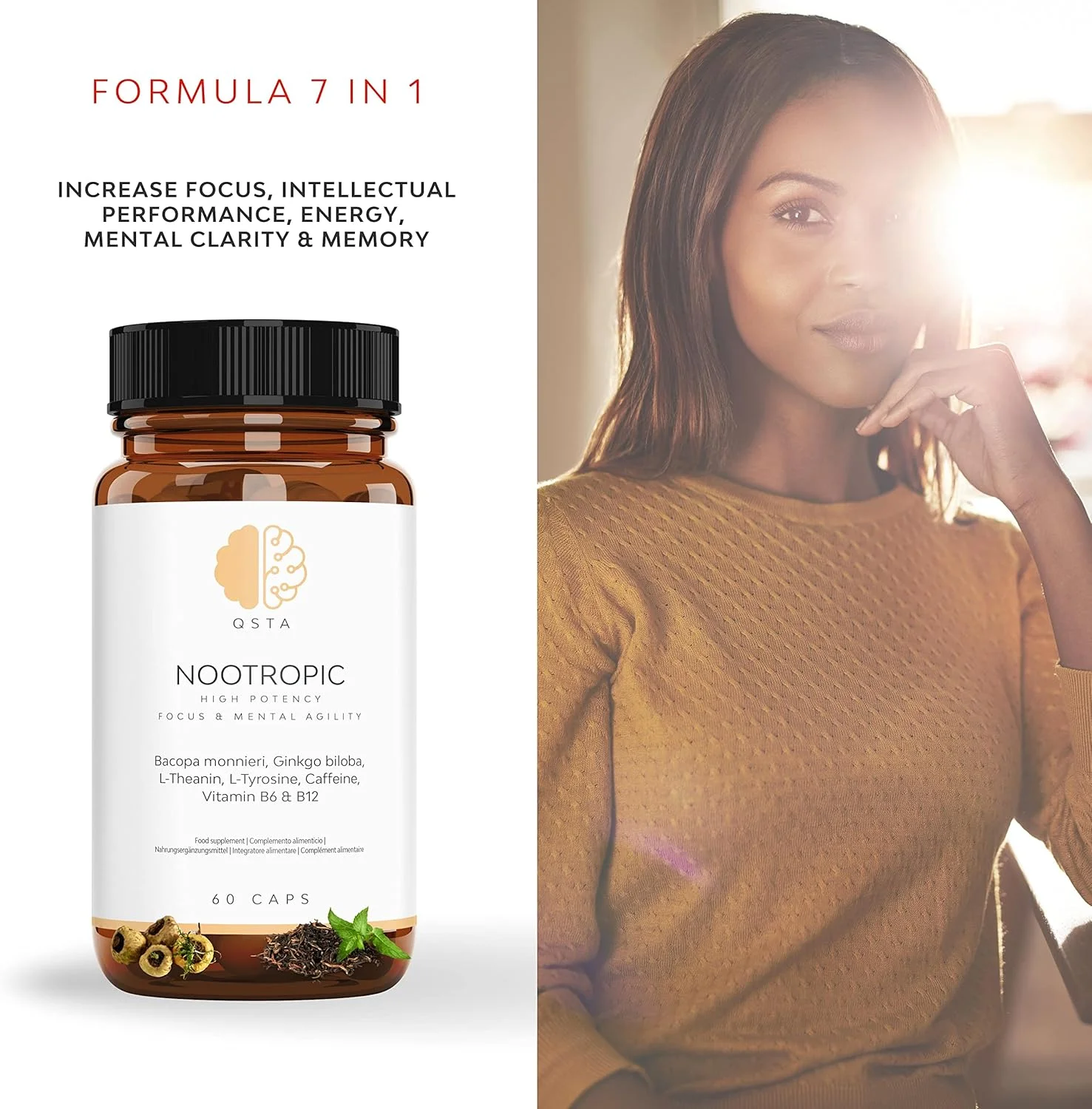 تقویت کننده شناختی روزانه بسیار قوی Nootropic Focus برای افزایش انرژی، تمرکز، عملکرد مغز، هوشیاری ذهنی و حافظه، حاوی باکوپا مونیری، جینکگو، تیروزین، تیانین، کافئین، B6 و B12