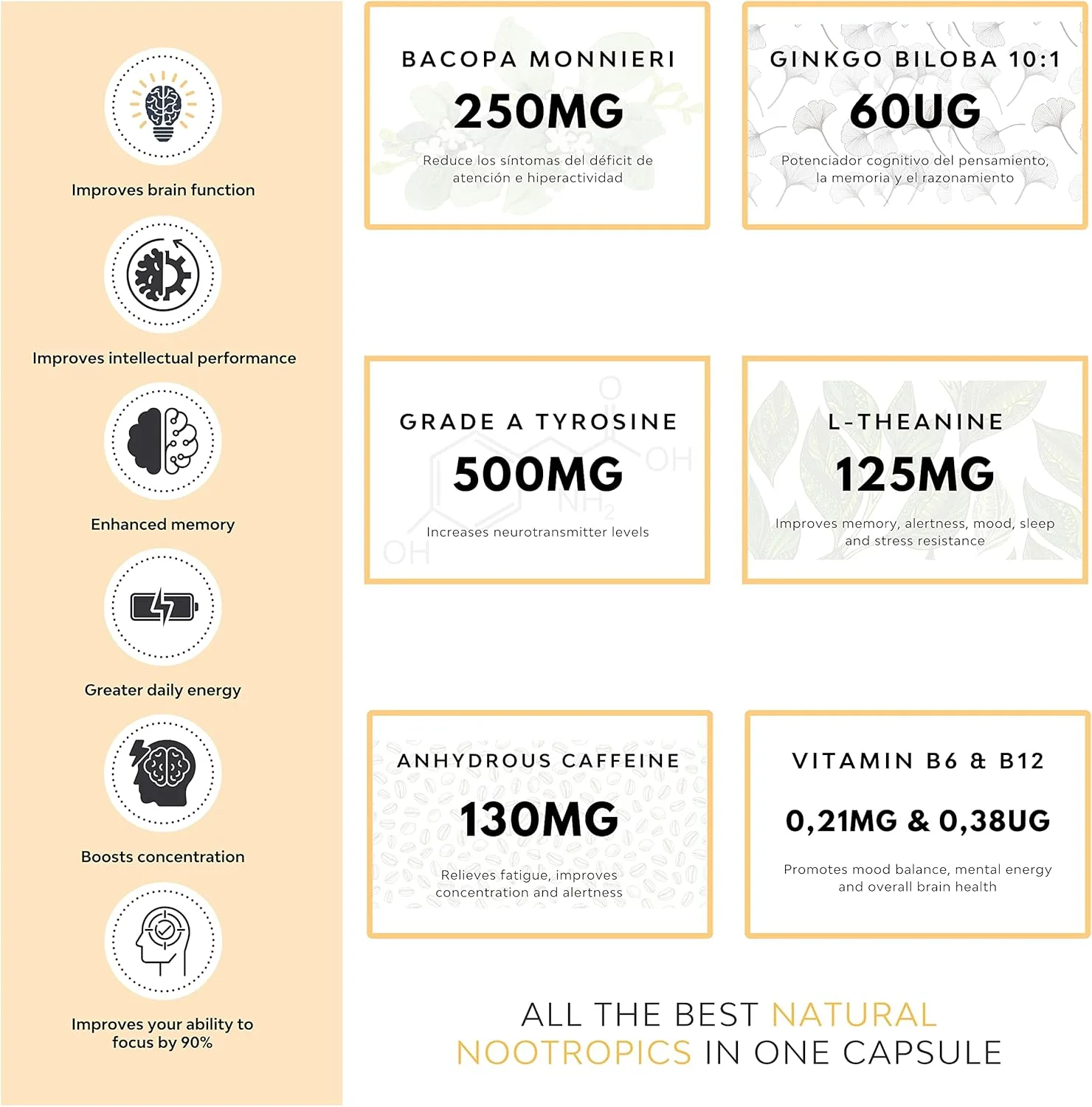 تقویت کننده شناختی روزانه بسیار قوی Nootropic Focus برای افزایش انرژی، تمرکز، عملکرد مغز، هوشیاری ذهنی و حافظه، حاوی باکوپا مونیری، جینکگو، تیروزین، تیانین، کافئین، B6 و B12