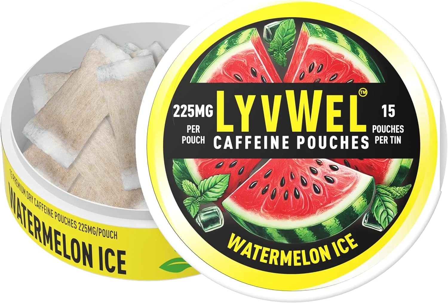 LyvWel 1-Pack Caffeine Dip Pouches: 16 per Can, 225mg Caffeine, Nicotine-Free, Tobacco-Free Coffee Pouches Boost (1 Pack, Watermelon Ice)