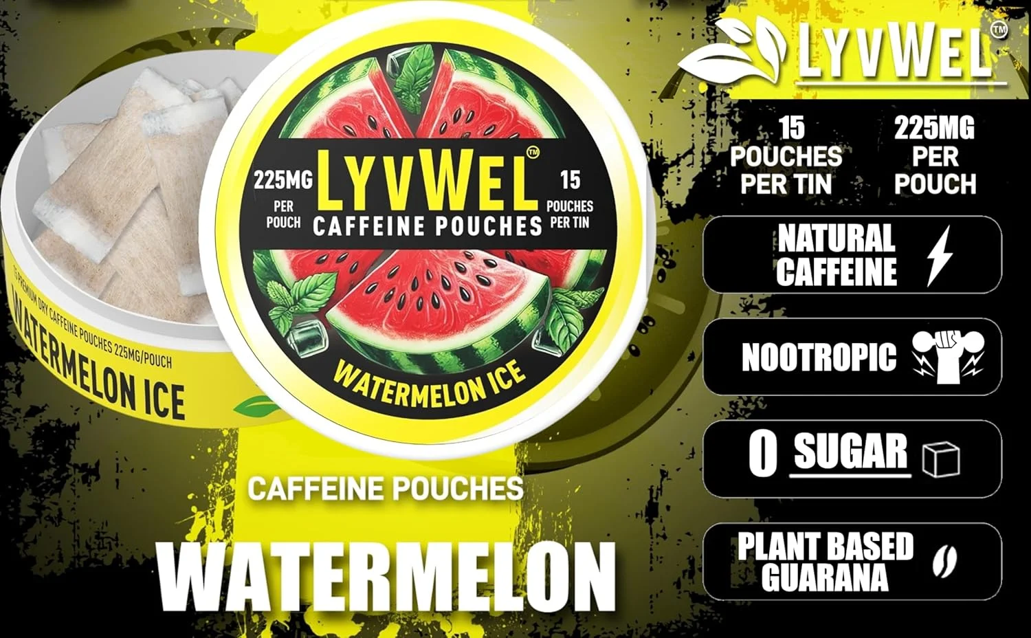 LyvWel 1-Pack Caffeine Dip Pouches: 16 per Can, 225mg Caffeine, Nicotine-Free, Tobacco-Free Coffee Pouches Boost (1 Pack, Watermelon Ice) LyvWel 1-Pack Caffeine Dip Pouches: 16 per Can, 225mg Caffeine, Nicotine-Free, Tobacco-Free Coffee Pouches Boost (1 Pack, Watermelon Ice)