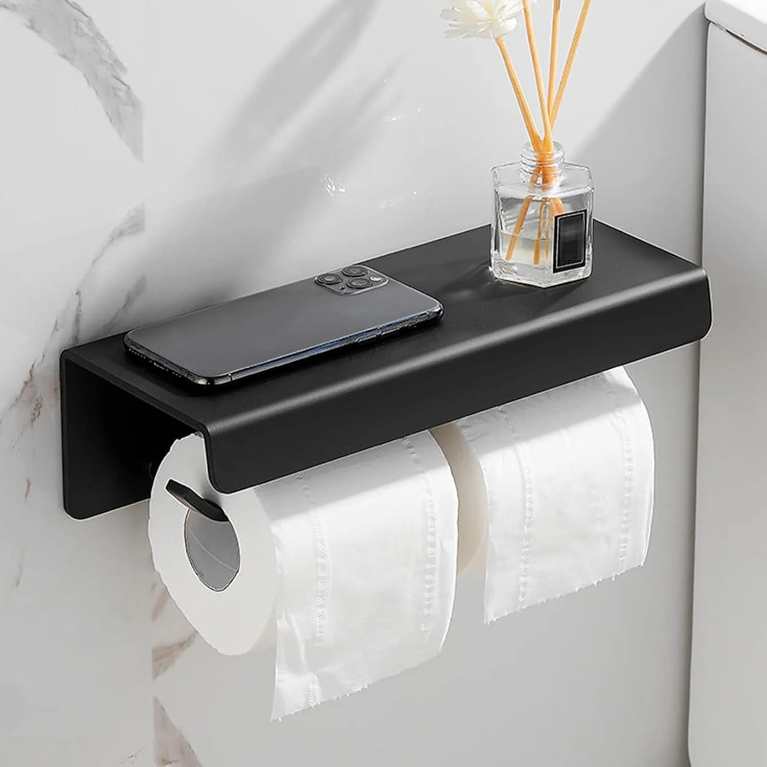 جا دستمال کاغذی توالت LIU- دوتایی با قفسه ذخیره سازی، نصب دیواری، مناسب برای فضاهای تجاری، جنس آلومینیوم فضایی، مشکی، مناسب برای هتل آپارتمان و منزل