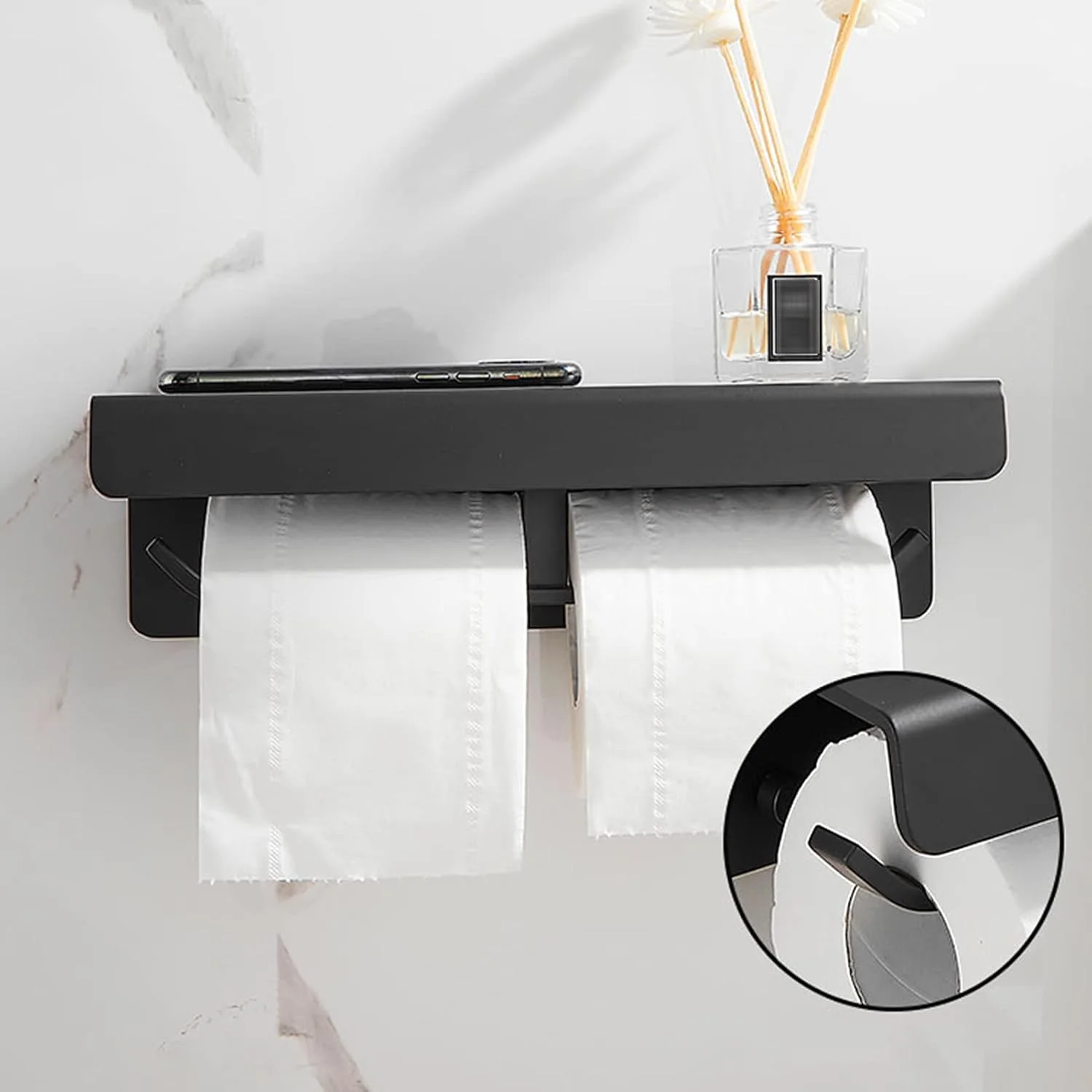 جا دستمال کاغذی توالت LIU- دوتایی با قفسه ذخیره سازی، نصب دیواری، مناسب برای فضاهای تجاری، جنس آلومینیوم فضایی، مشکی، مناسب برای هتل آپارتمان و منزل