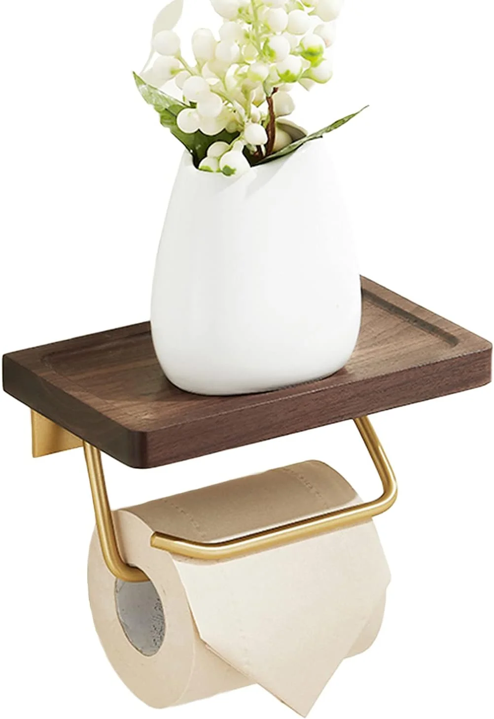 جا دستمال کاغذی توالت LIU- با قفسه چوبی، نگهدارنده رول دستمال کاغذی دیواری برای دکوراسیون حمام و آشپزخانه، سطح برس خورده آلومینیومی طلایی
