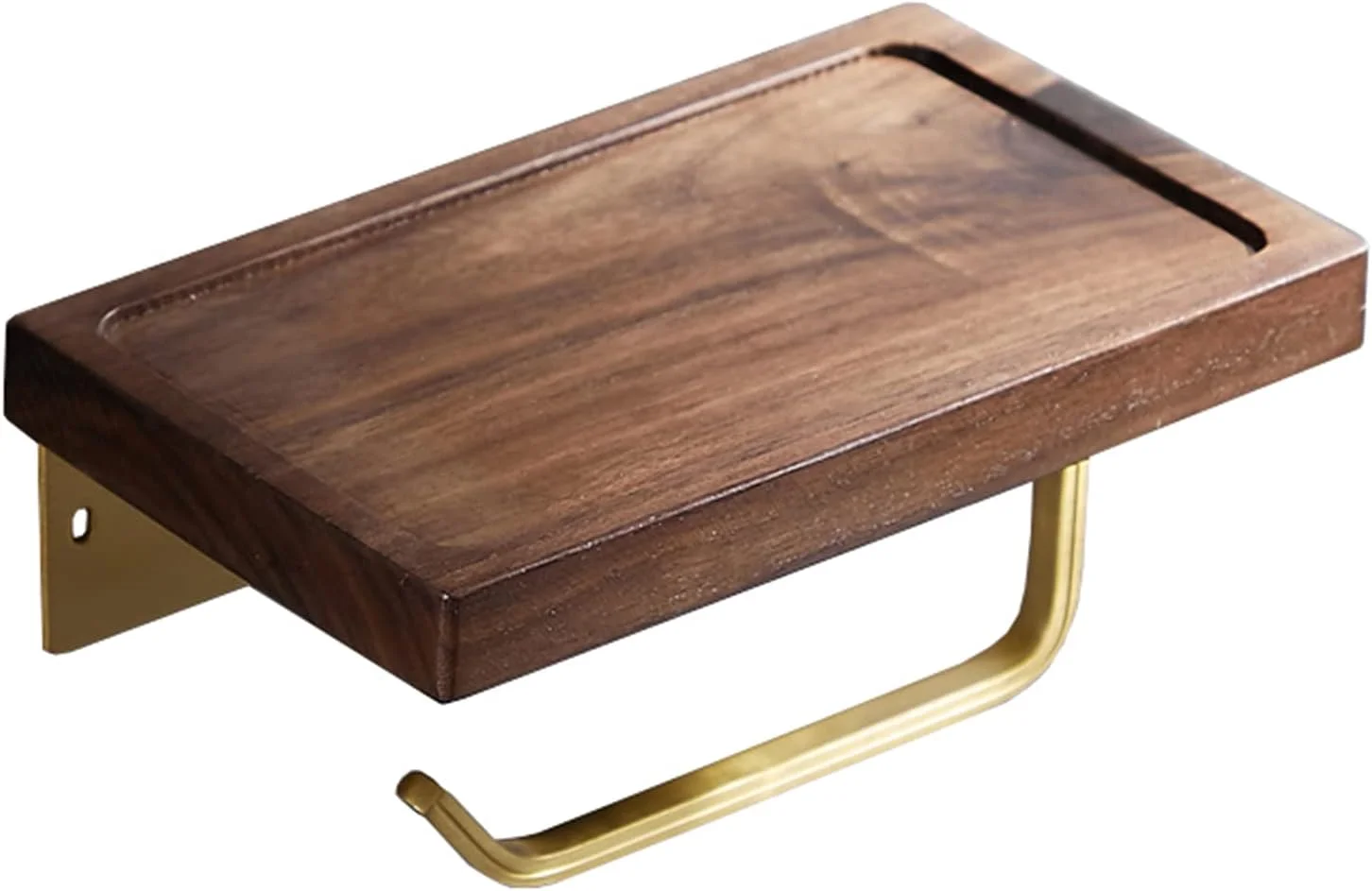 جا دستمال کاغذی مدل LIU- با قفسه چوبی گردو، میله آلومینیومی طلایی دیواری برای سرویس بهداشتی و حمام