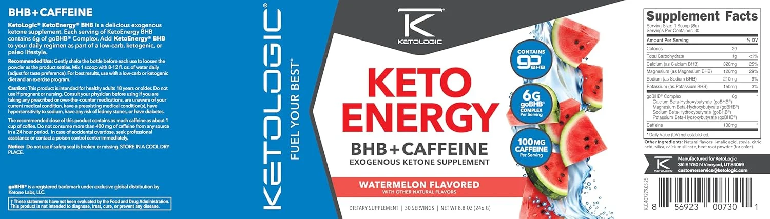 Ketologic KetoEnergy BHB (Watermelon) 30 Servings - BHB + Caffeine Exogenous Ketone Supplement Ketologic KetoEnergy BHB (Watermelon) 30 Servings - BHB + Caffeine Exogenous Ketone Supplement