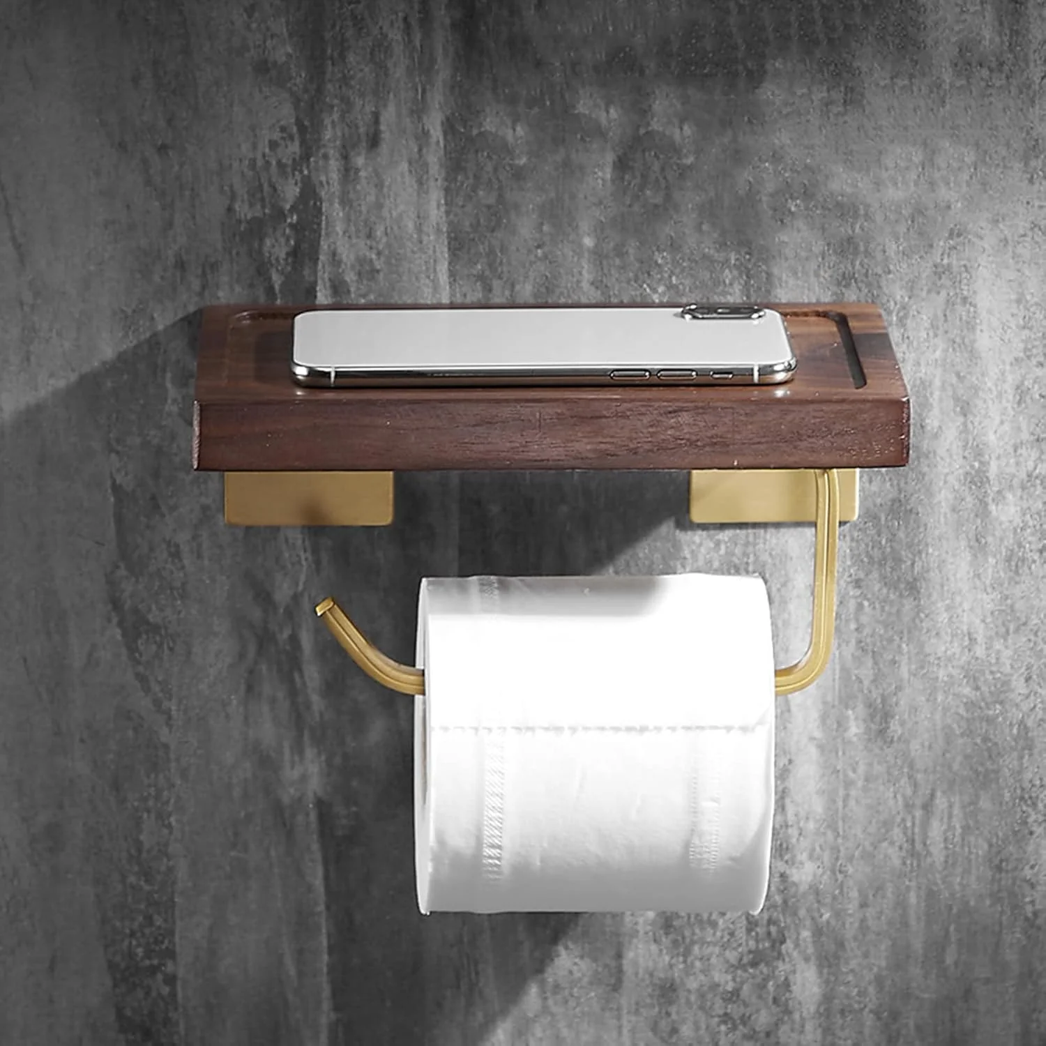 جا دستمال کاغذی مدل LIU- با قفسه چوبی گردو، میله آلومینیومی طلایی دیواری برای سرویس بهداشتی و حمام