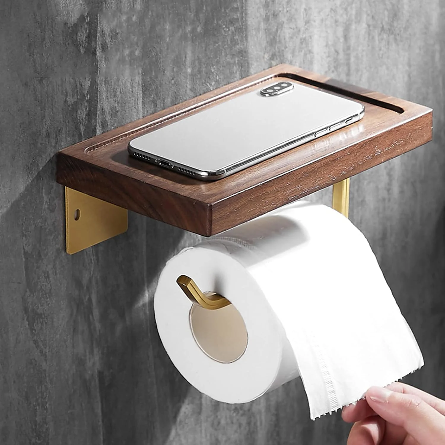 جا دستمال کاغذی مدل LIU- با قفسه چوبی گردو، میله آلومینیومی طلایی دیواری برای سرویس بهداشتی و حمام