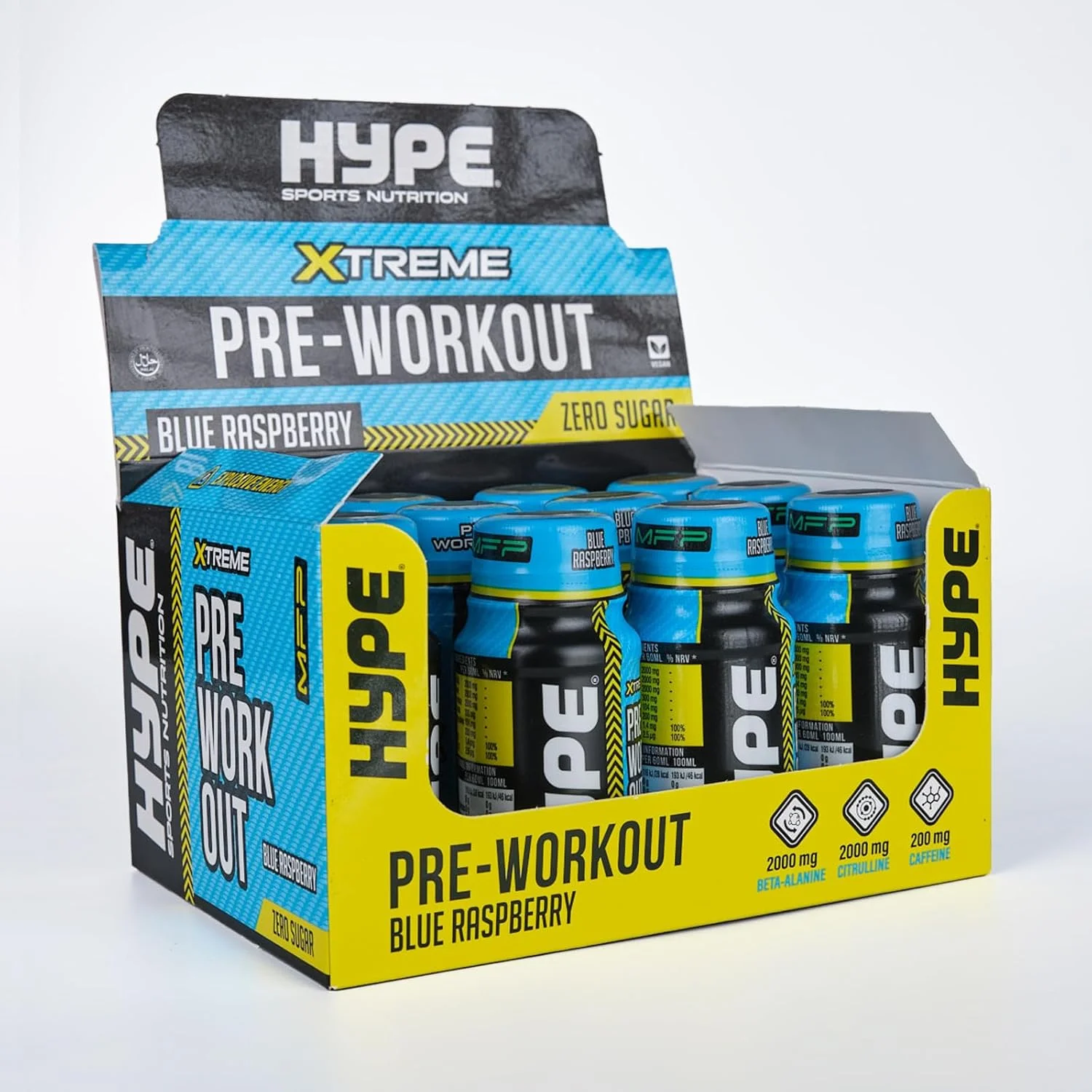 شات های قبل از تمرین Hype Xtreme - طعم تمشک آبی، 200 میلی گرم کافئین، 2000 میلی گرم بتا آلانین، 2000 میلی گرم ال-سیترولین، بدون شکر - افزایش انرژی آماده برای نوشیدن برای افزایش تمرکز و عملکرد (بسته 12 عددی)