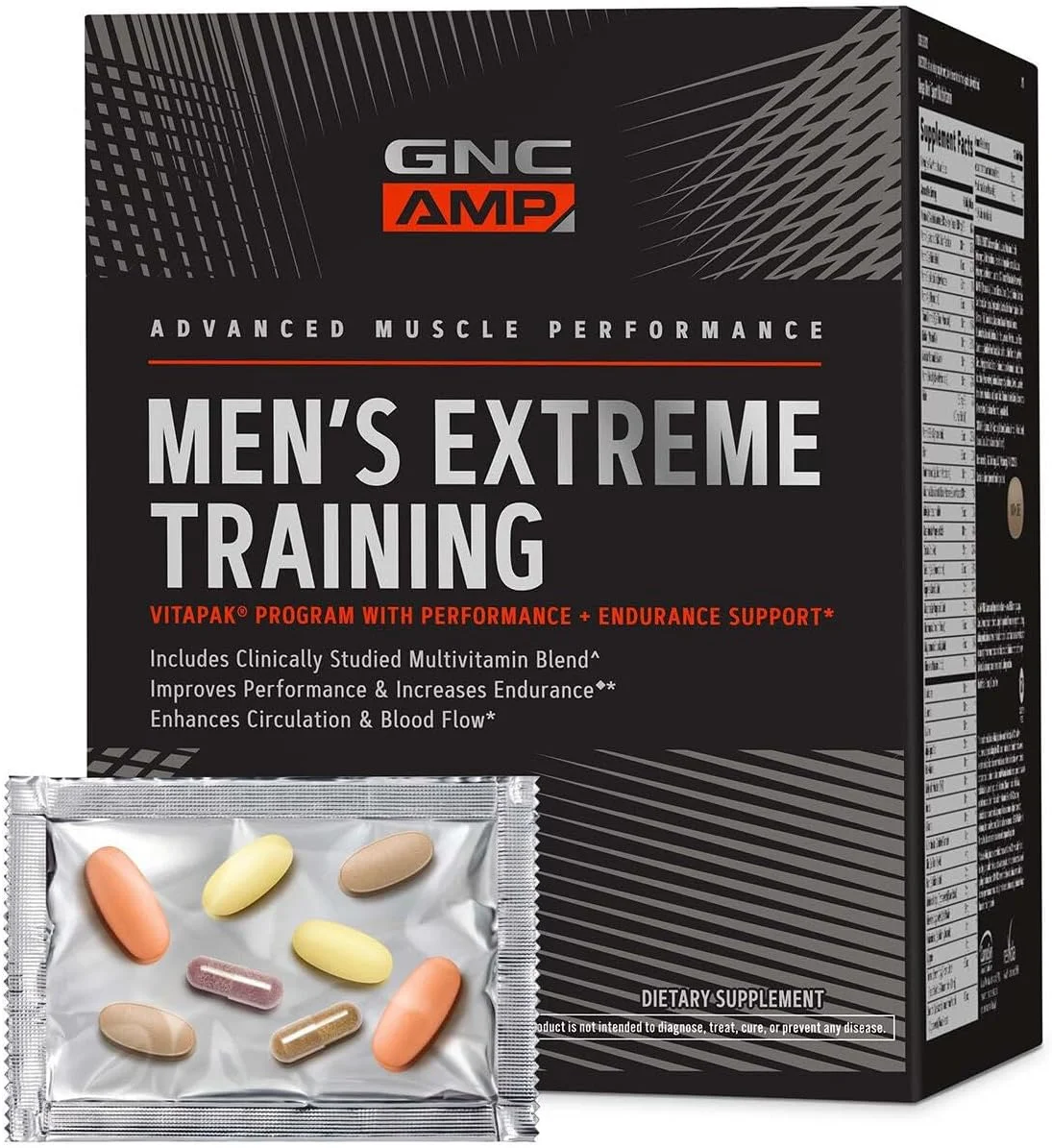 برنامه ویتامین GNC AMP Men’s Extreme Training Vitapak، ۵ محصول در ۱، بسته ویتامین مناسب برای عملکرد و استقامت، مولتی ویتامین بزرگسالان، مواد تشکیل دهنده اثبات شده، کافئین، نیتریک اکسید، ۳۰ روز