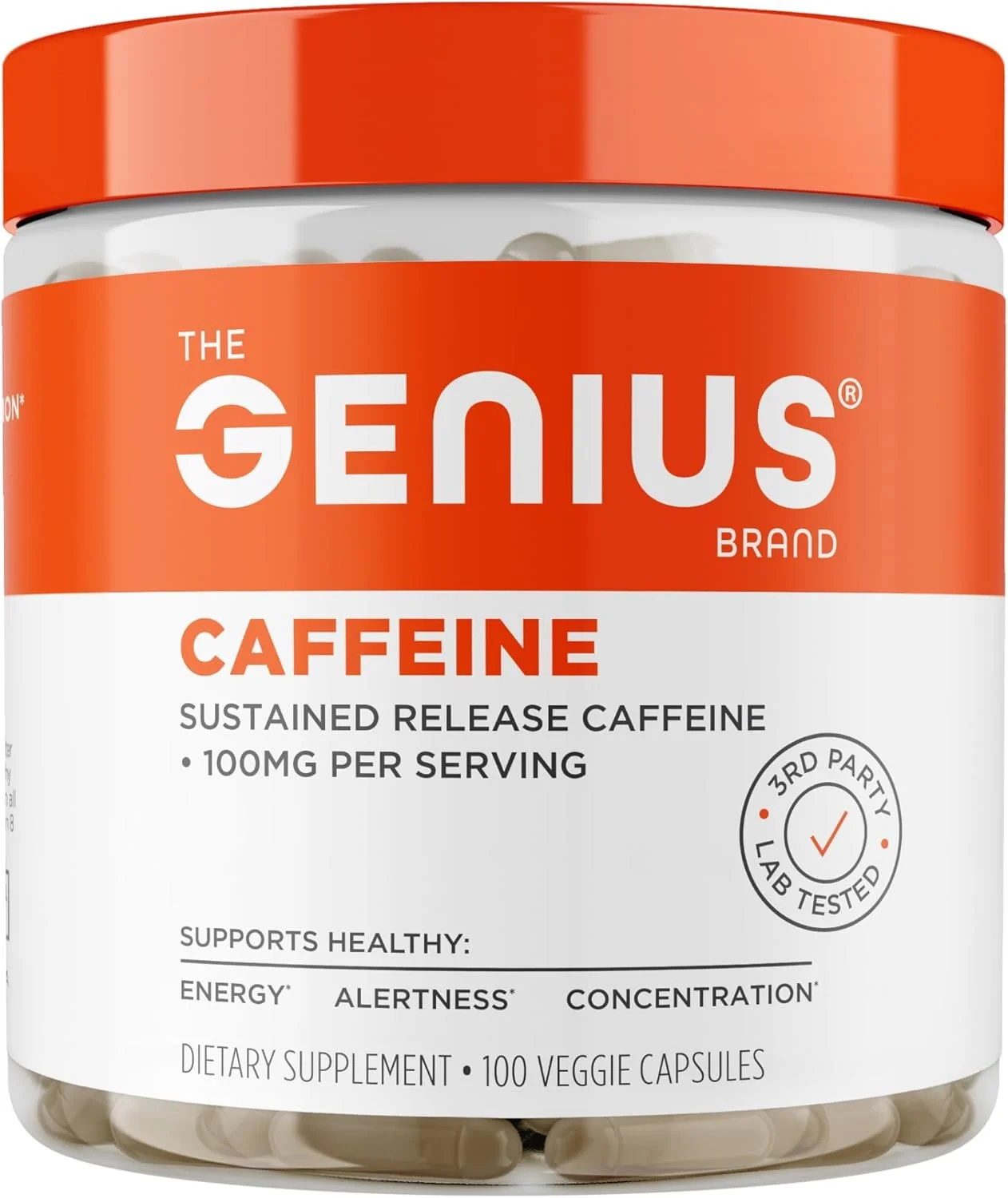 کپسول کافئین Genius - کافئین میکروکپسوله شده با رهش پایدار برای انرژی و تمرکز یکنواخت و طولانی مدت - بدون لرزش یا افت ناگهانی - 100 میلی گرم در هر کپسول - 100 سروینگ - تقویت کننده عملکرد طبیعی