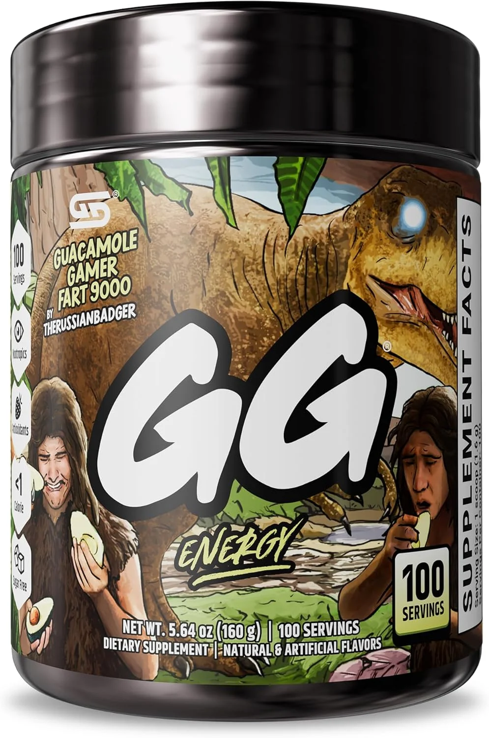 انرژی گیمر ساپس GG® - گوآکاموله گیمر فارت 9000 اثر TheRussianBadger (100 سروینگ) - انرژی گیمینگ سازگار با کتو و ترکیب نوتروپیک، بدون شکر + کافئین ارگانیک + ویتامین ها، نوشیدنی پودری