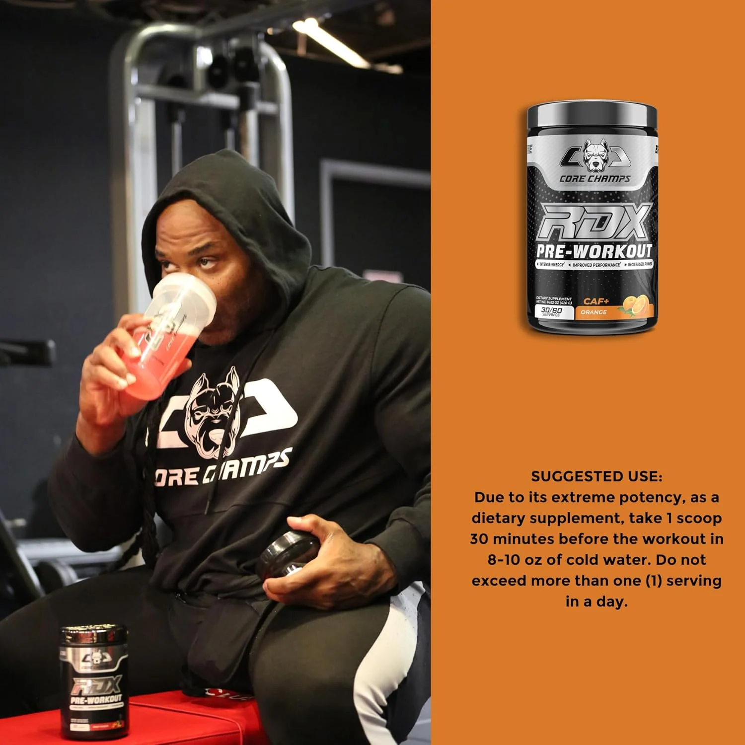 مکمل پیش از تمرین CORE CHAMPS RDX - 30/60 سروینگ با طعم پرتقال | افزایش عملکرد و توان | حاوی 21 گرم بتا-آلانین، 21 گرم ال-سیترولین، 7 گرم ال-آرژنین، 7 گرم کراتین، 3.6 گرم ال-تورین، 2.9 گرم کافئین | انرژی، پمپ عضلانی، تمرکز مکمل پیش از تمرین CORE CHAMPS RDX - 30/60 سروینگ با طعم پرتقال | افزایش عملکرد و توان | حاوی 21 گرم بتا-آلانین، 21 گرم ال-سیترولین، 7 گرم ال-آرژنین، 7 گرم کراتین، 3.6 گرم ال-تورین، 2.9 گرم کافئین | انرژی، پمپ عضلانی، تمرکز