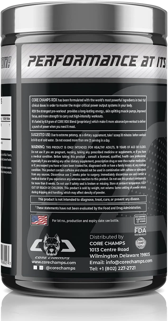 مکمل پیش از تمرین CORE CHAMPS RDX - 30/60 سروینگ با طعم پرتقال | افزایش عملکرد و توان | حاوی 21 گرم بتا-آلانین، 21 گرم ال-سیترولین، 7 گرم ال-آرژنین، 7 گرم کراتین، 3.6 گرم ال-تورین، 2.9 گرم کافئین | انرژی، پمپ عضلانی، تمرکز مکمل پیش از تمرین CORE CHAMPS RDX - 30/60 سروینگ با طعم پرتقال | افزایش عملکرد و توان | حاوی 21 گرم بتا-آلانین، 21 گرم ال-سیترولین، 7 گرم ال-آرژنین، 7 گرم کراتین، 3.6 گرم ال-تورین، 2.9 گرم کافئین | انرژی، پمپ عضلانی، تمرکز