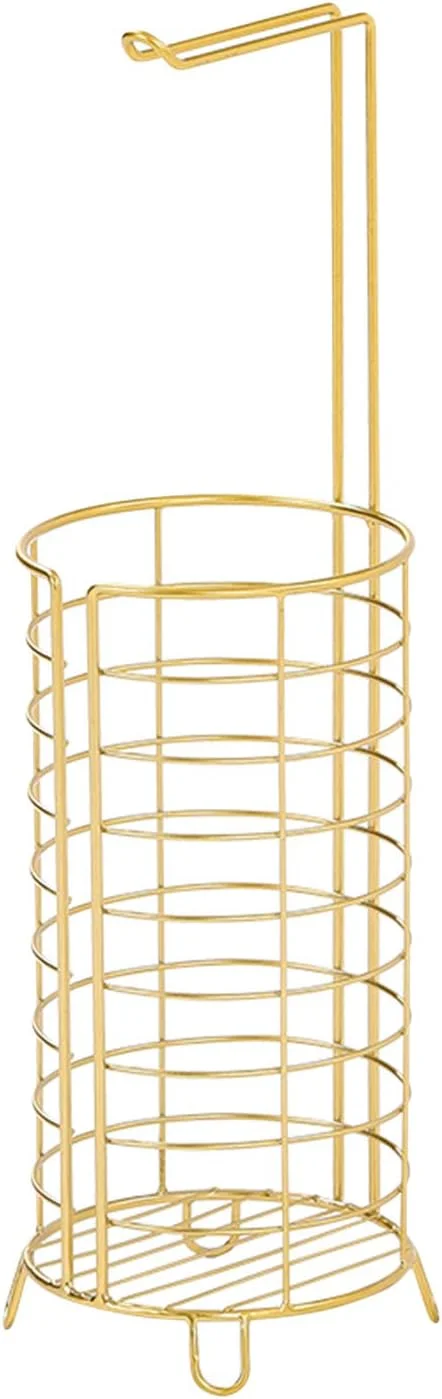 نگهدارنده کاغذ توالت LIU - ایستاده، مناسب حمام با محفظه ذخیره سازی، فلزی طلایی با طراحی توخالی، ارتفاع 60 سانتی متر