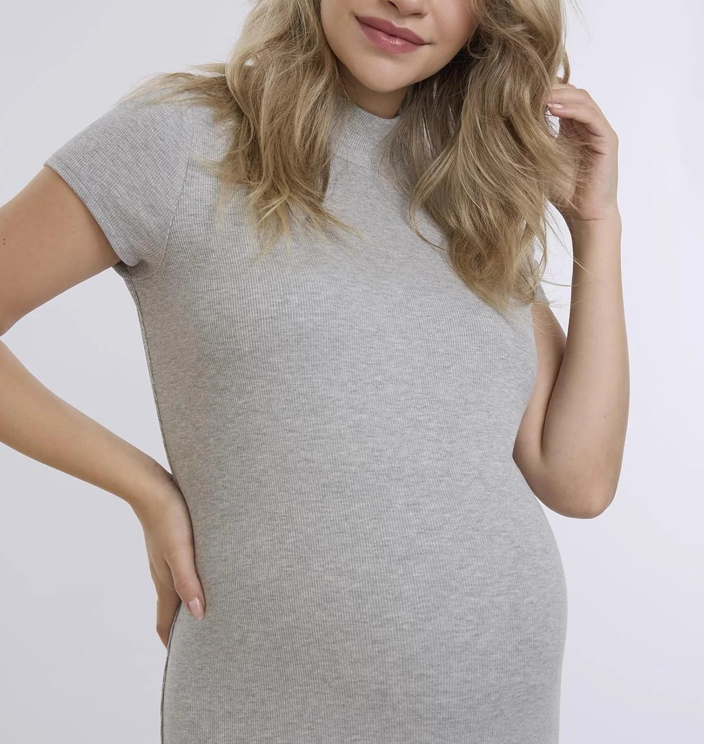 لباس بارداری زنانه Motherhood مدل یقه ایستاده بافتنی دنده ای میدی بادی‌کان، مناسب استفاده روزمره