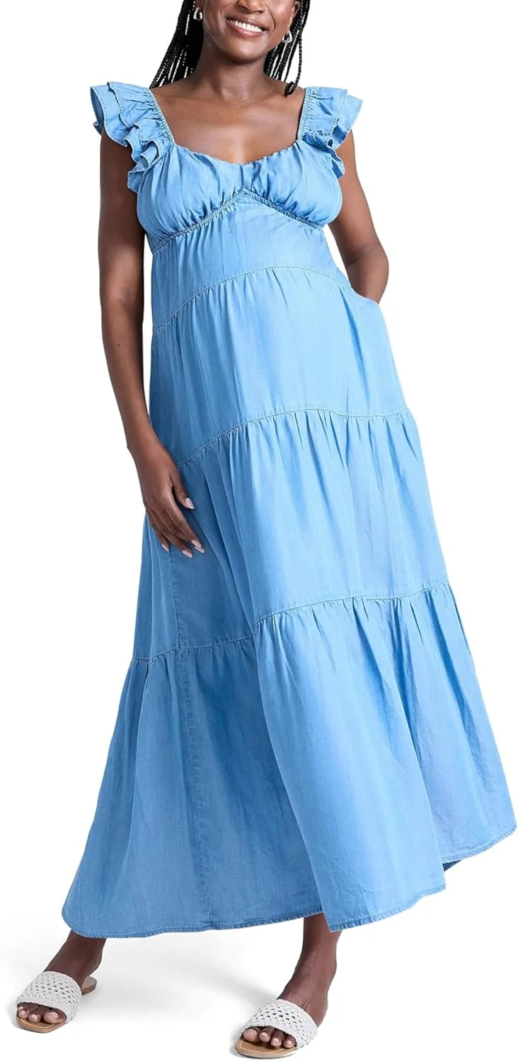 لباس بارداری ماکسی زنانه مدل V-neck آستین چین‌دار و بنددار Motherhood MATERNITY